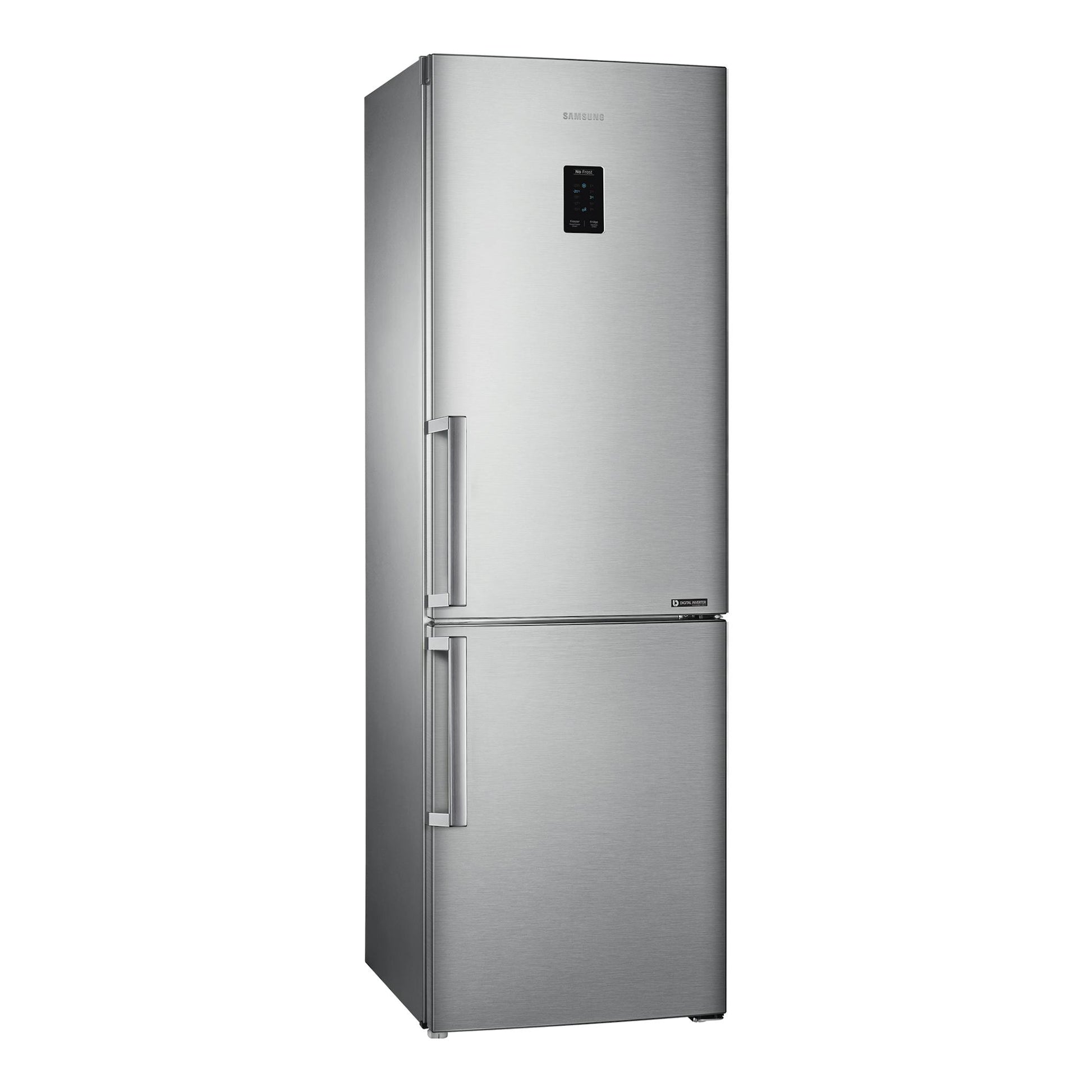 Frigorífico combi Samsung RB33J3315SA/EF en acero inoxidable, vista frontal, con display en la puerta.