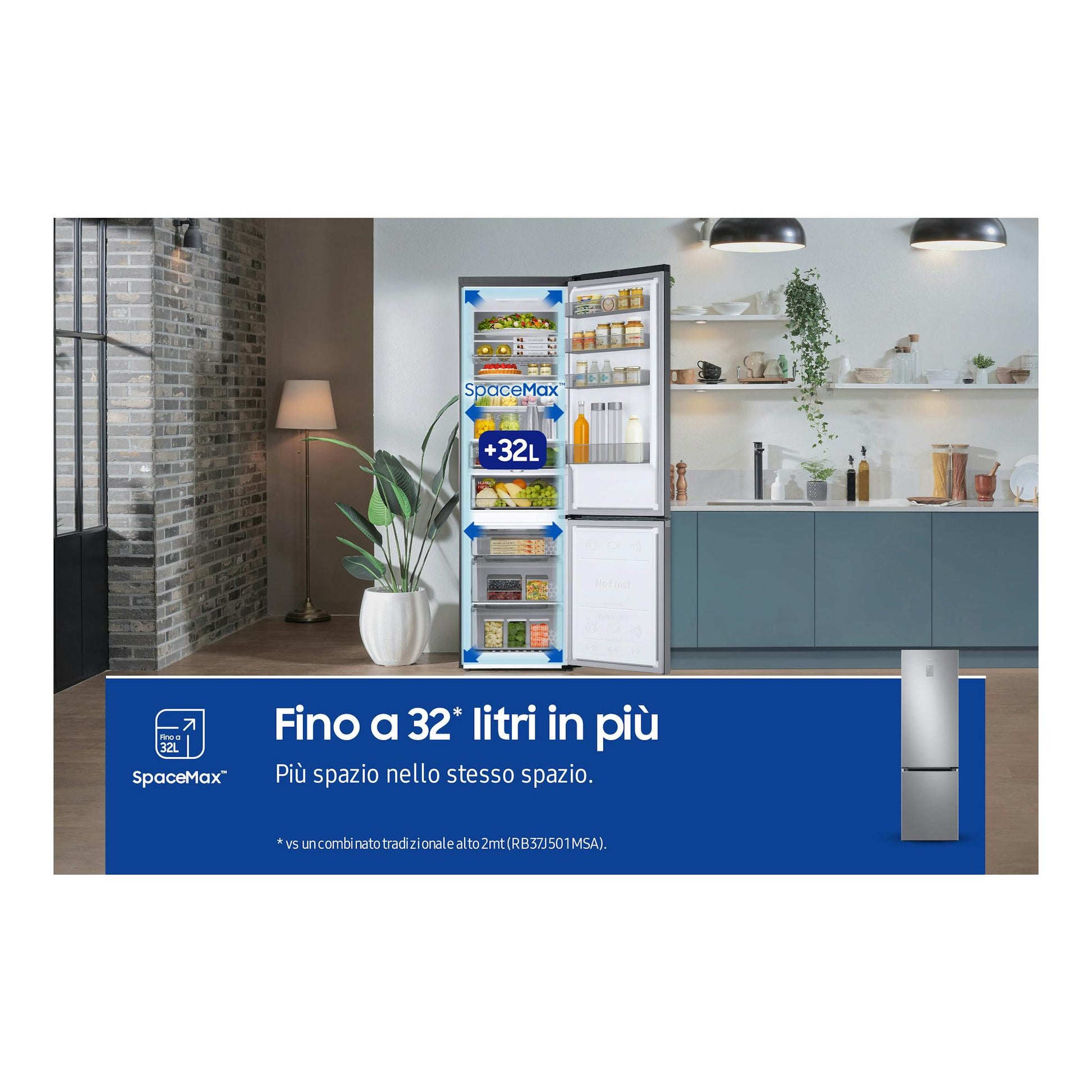 Frigorífico combi Samsung RB38C776DS9/EF inox, vista frontal con puertas abiertas en una cocina.