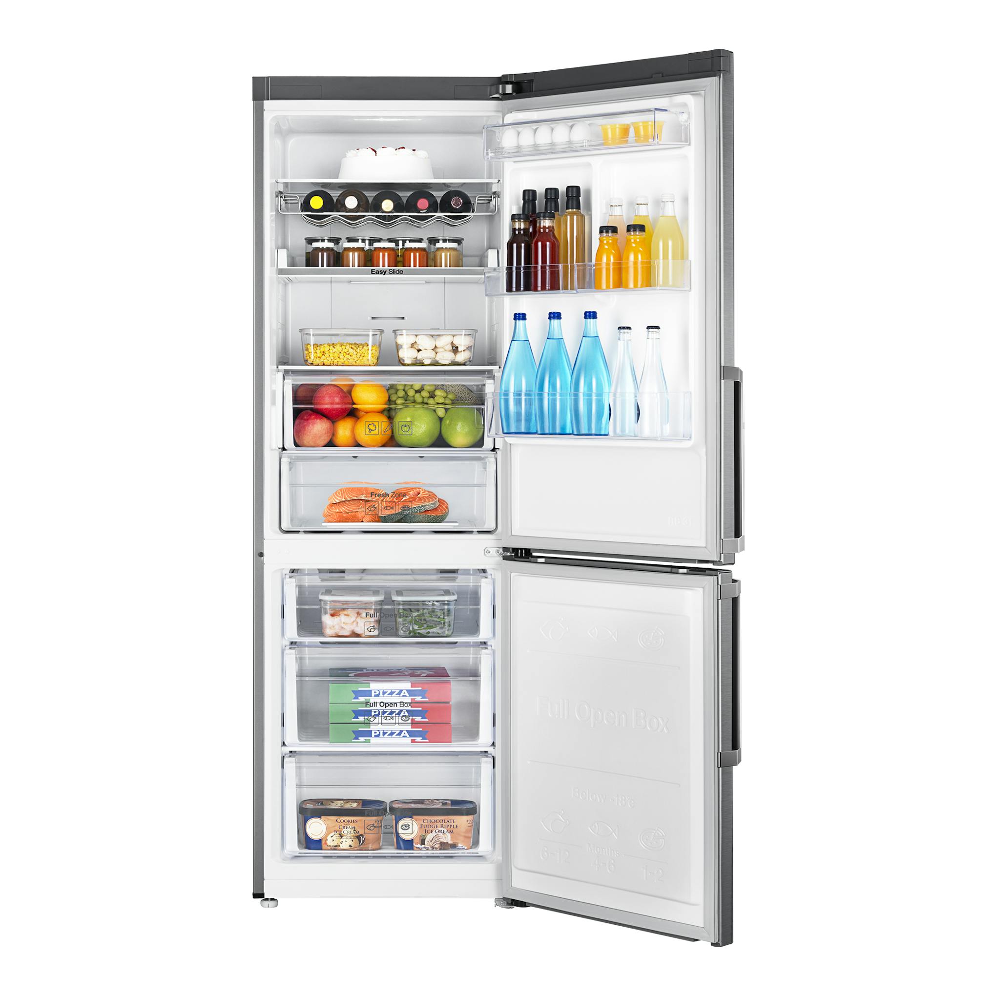 Frigorífico combi Samsung RB33J3315SA/EF plateado, abierto en vista frontal, con alimentos y botellas en estantes.