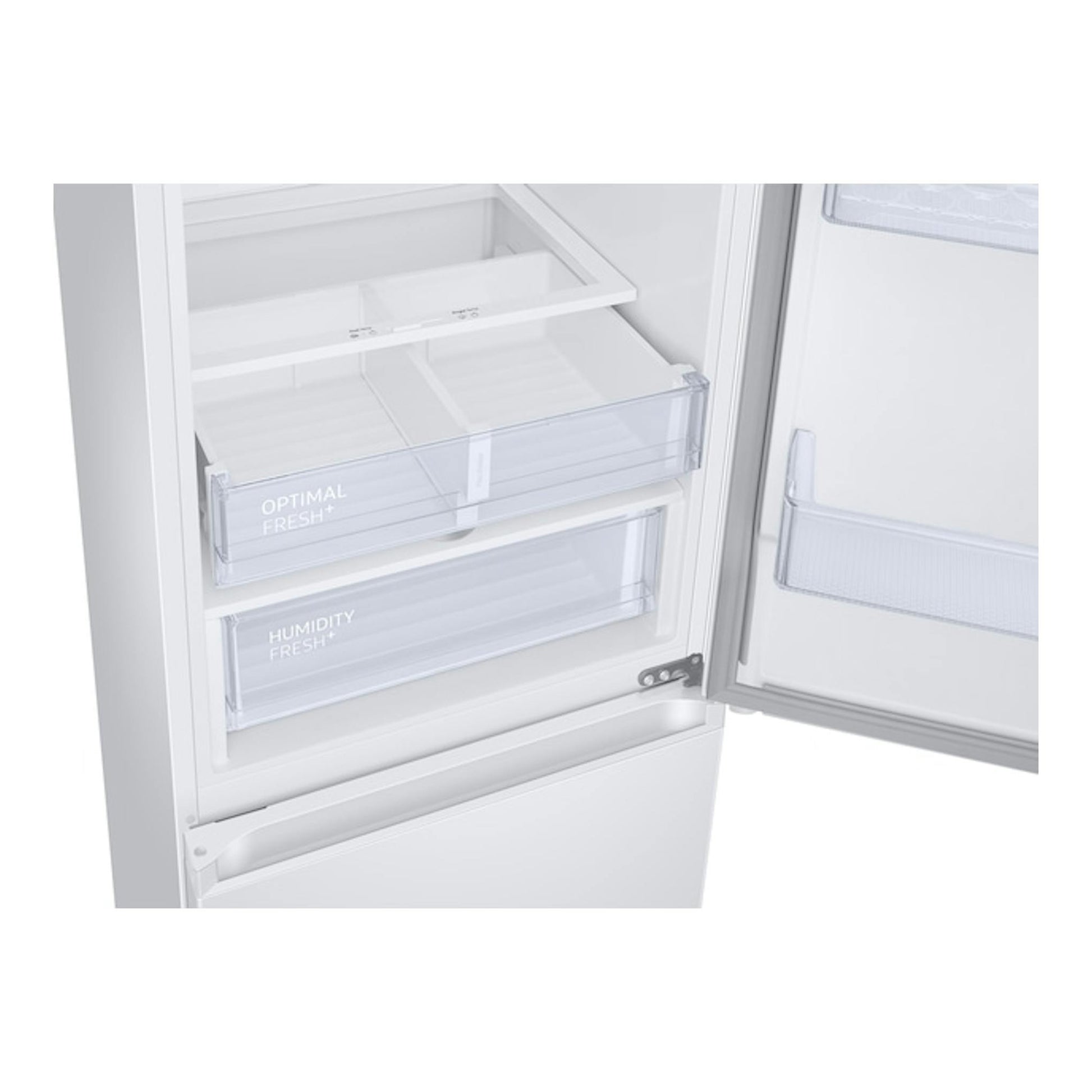 Frigorífico combi Samsung RB34C605CWW/EF en vista interior, con cajones transparentes y puerta abierta.
