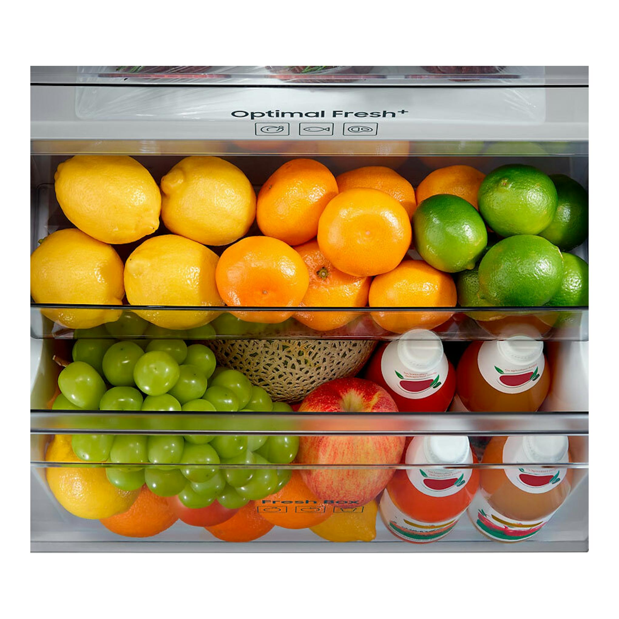 Frigorífico Samsung BRR29703EWW/EF, vista frontal del cajón abierto con limones, naranjas, uvas y botellas.