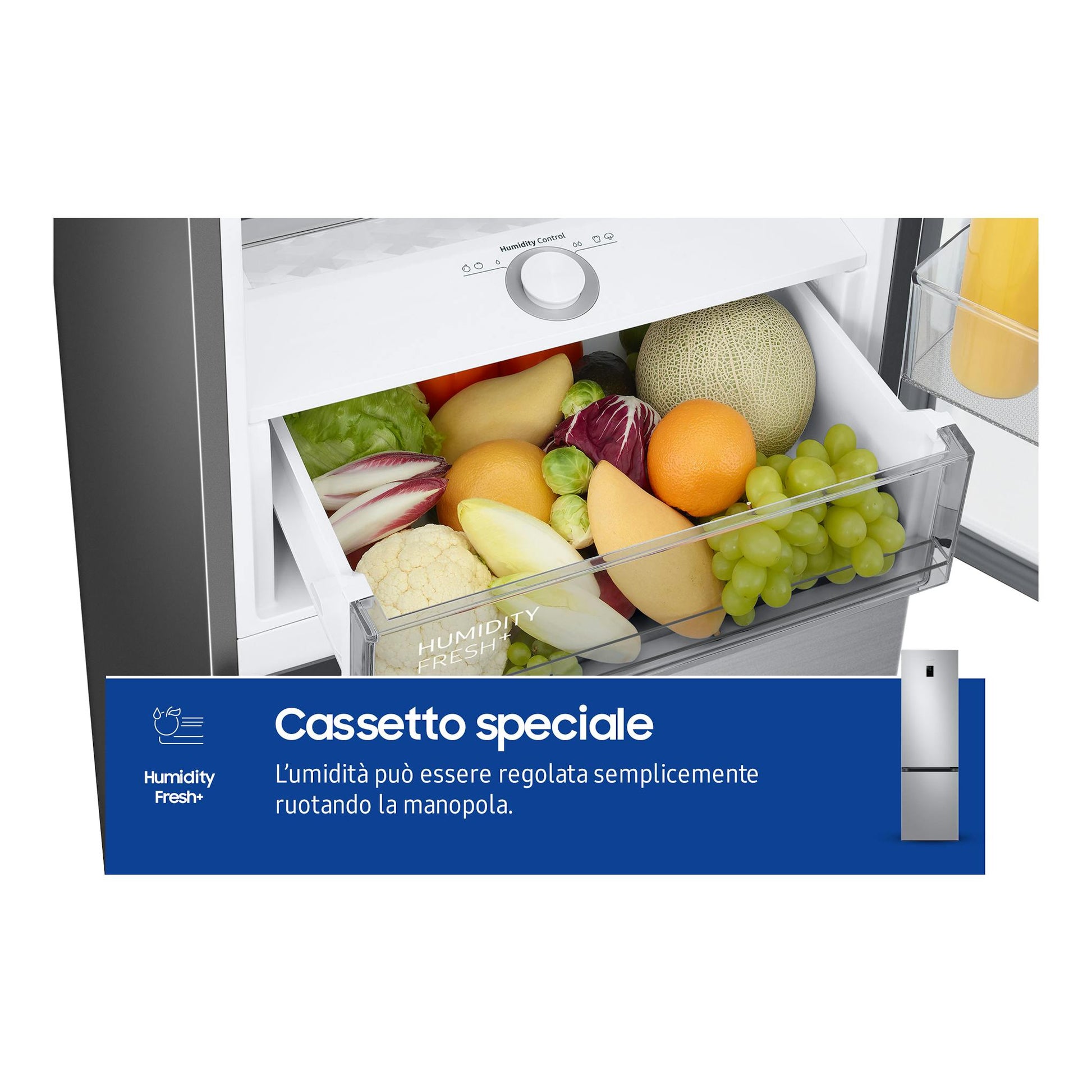Samsung RB38C674CSA/EF: cajón Humidity Fresh+ de un frigorífico combi abierto, con frutas y verduras.