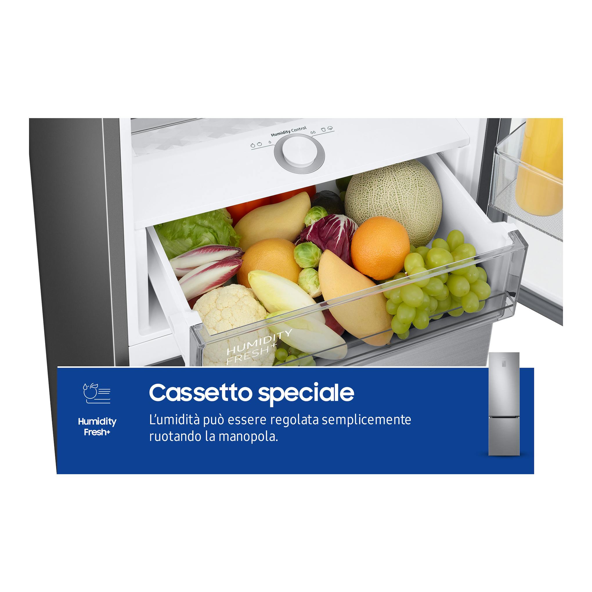 Samsung RB38C776DS9/EF: cajón Humidity Fresh+ de frigorífico combi, en primer plano, con frutas y verduras.