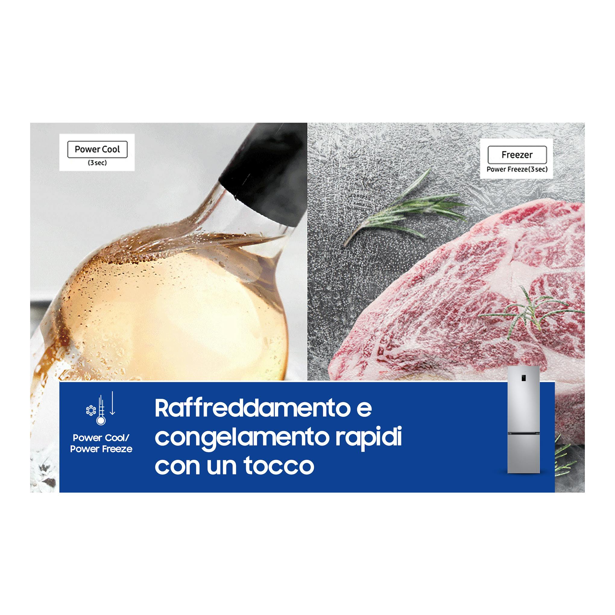 Samsung RB38C674CSA/EF: frigorífico combi gris, vista frontal, con gráficos de Power Cool y Power Freeze.