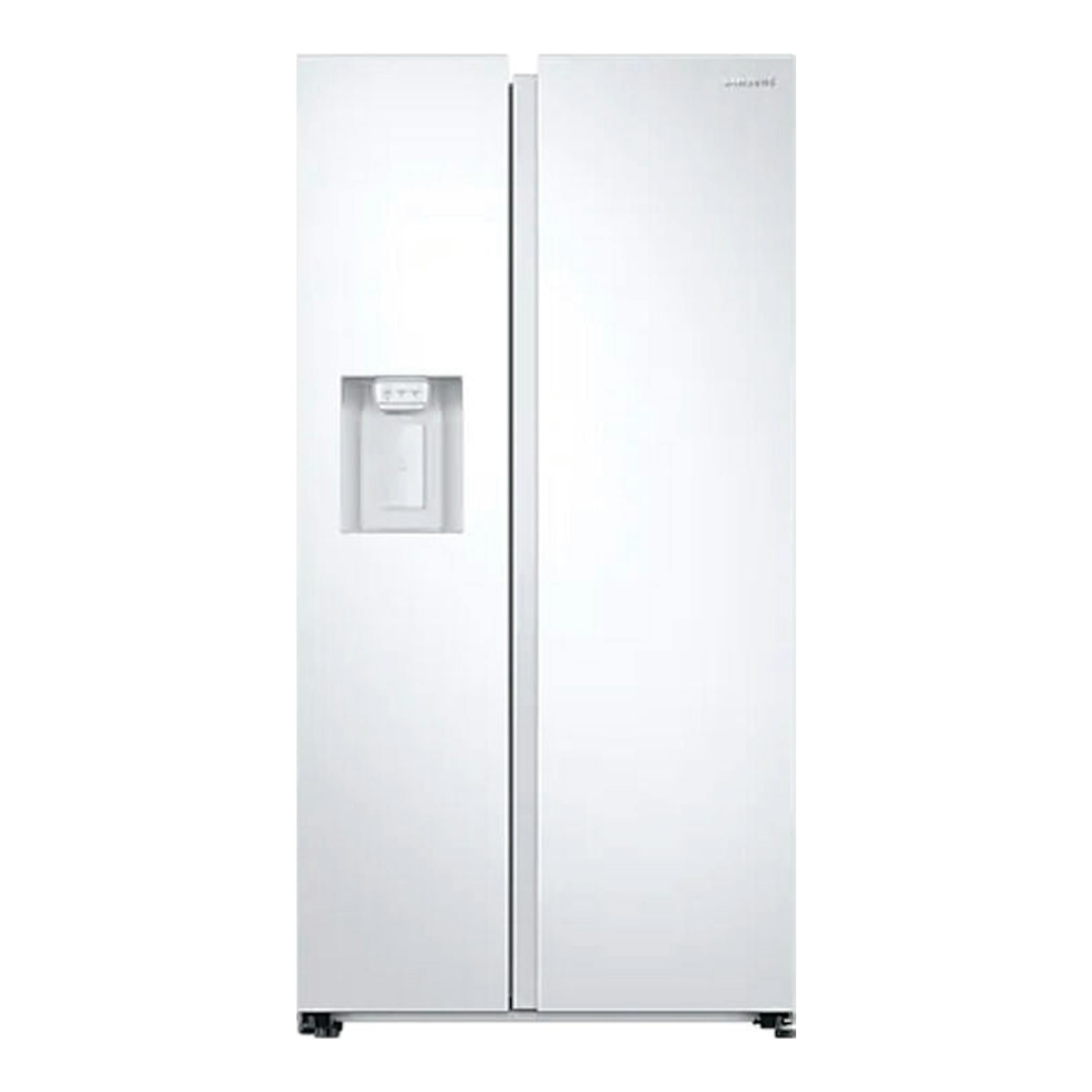 Frigorífico americano Samsung RS68A8831WW/EF blanco, vista frontal, con dispensador en la puerta izquierda.