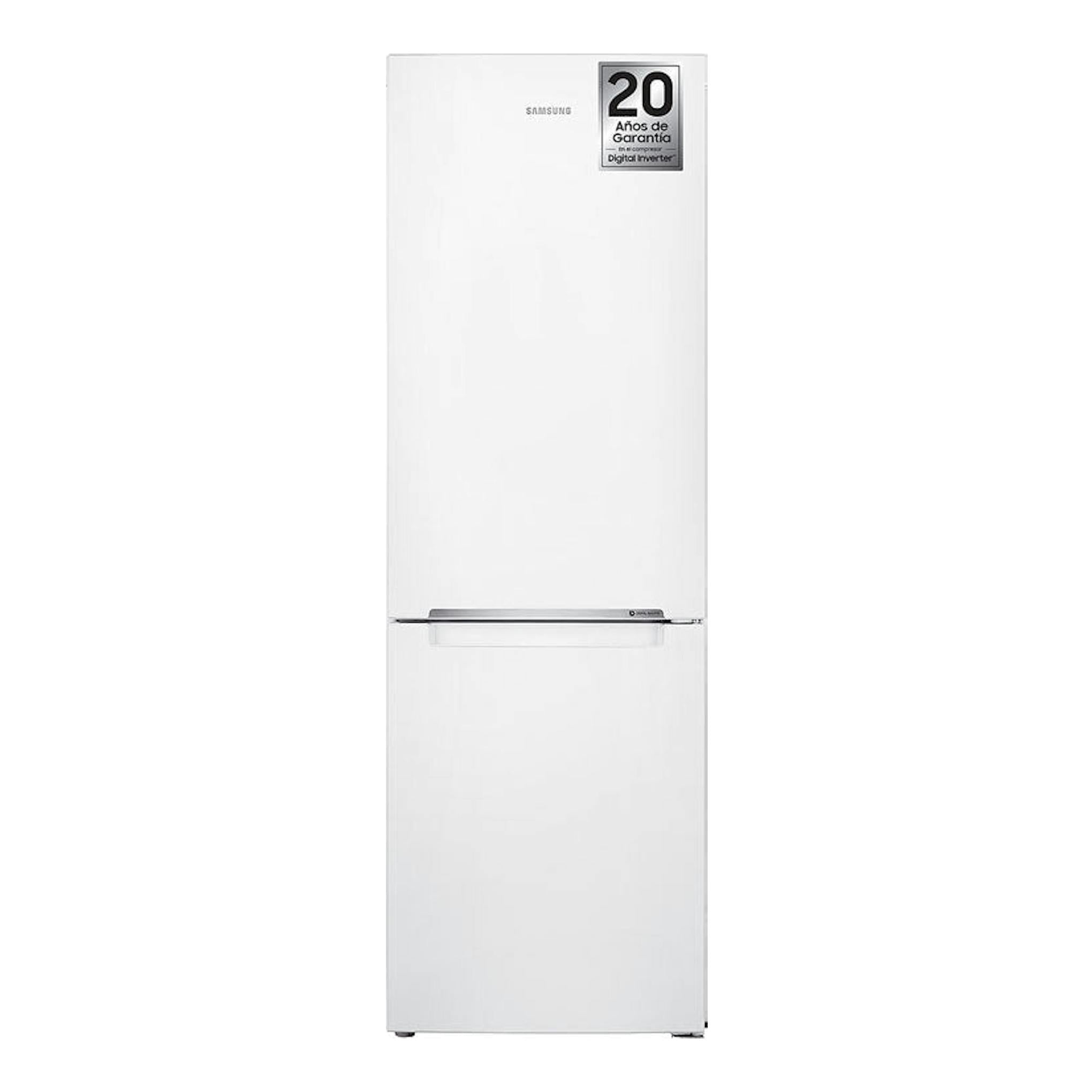 Frigorífico combi Samsung RB33J3000WW/EF blanco, vista frontal, con puerta superior y congelador inferior.