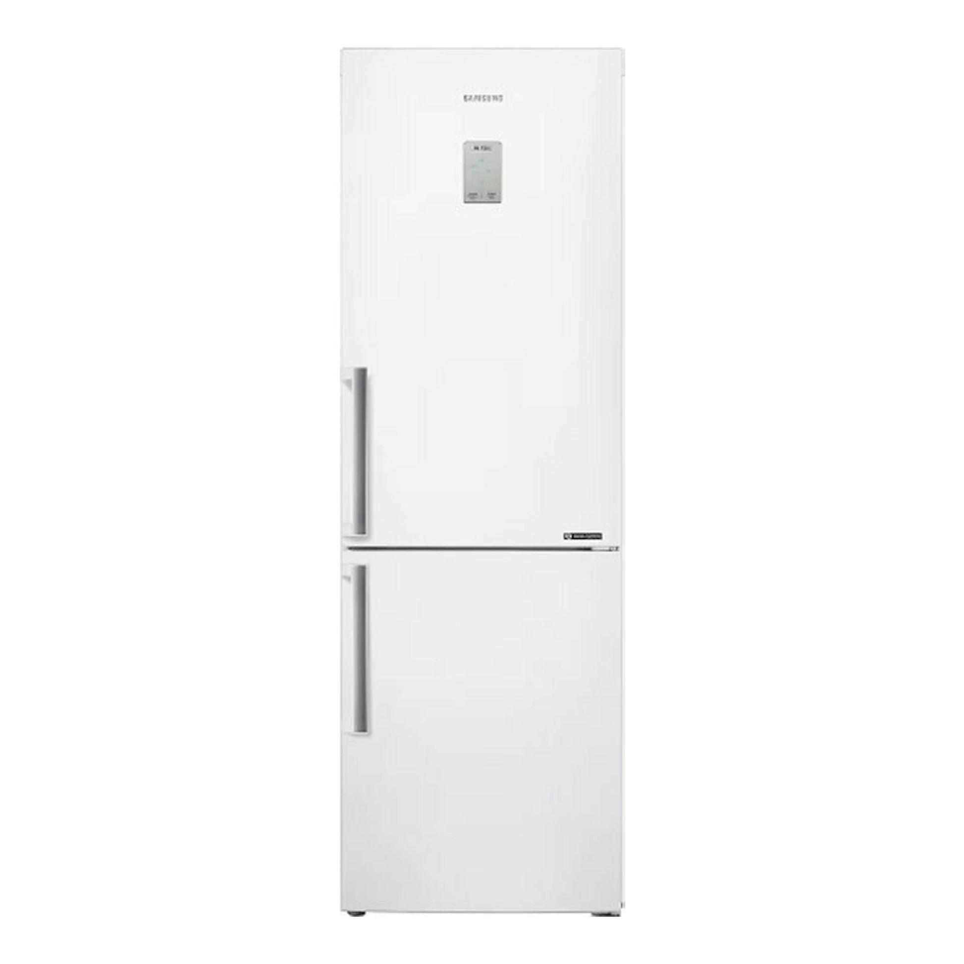 Frigorífico combi Samsung RB33J3515WW/EF blanco, vista frontal, con dos puertas y display superior.