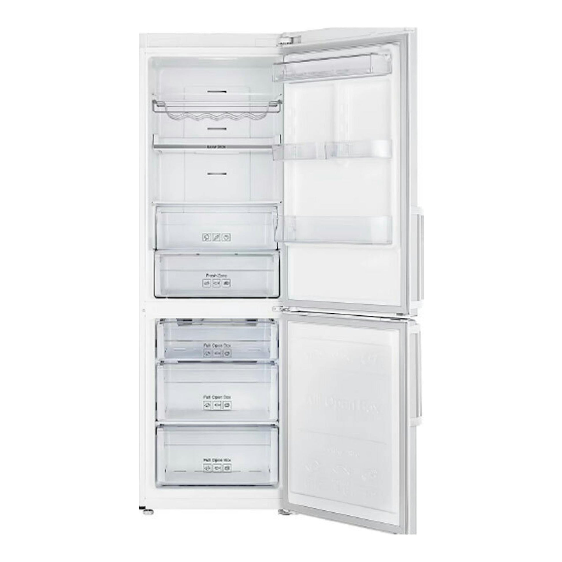 Frigorífico combi Samsung RB33J3515WW/EF blanco, vista frontal con puertas abiertas