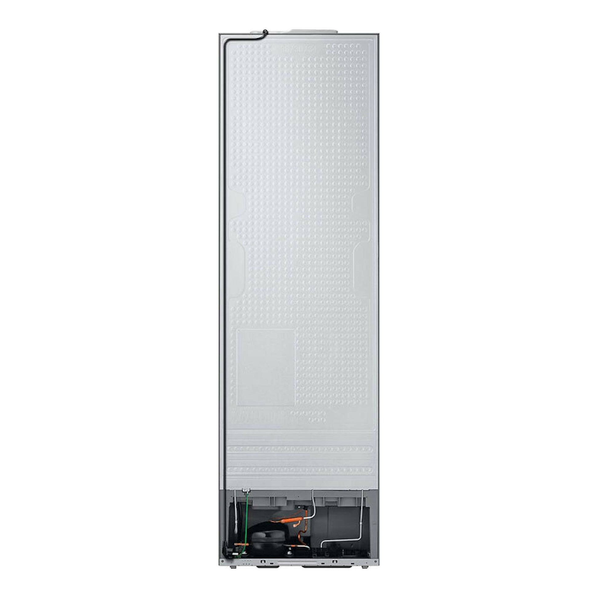 Samsung RB34C672EWW/EF, vista trasera de frigorífico combi blanco con compartimento inferior abierto.