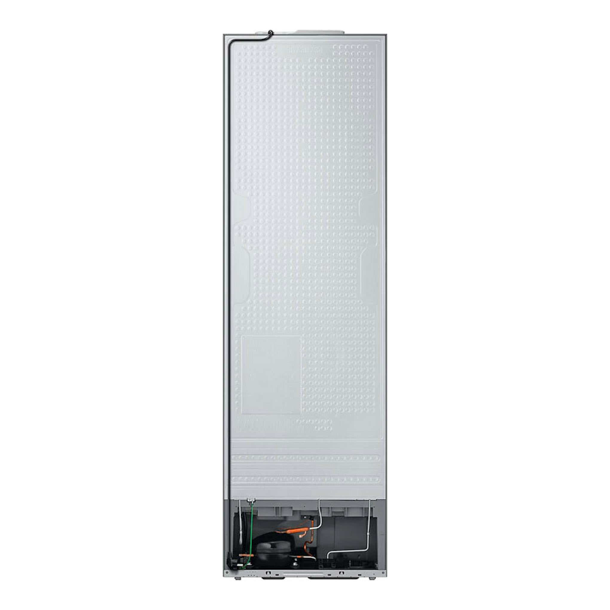 Samsung RB34C672EWW/EF, vista trasera de frigorífico combi blanco con compartimento inferior abierto.