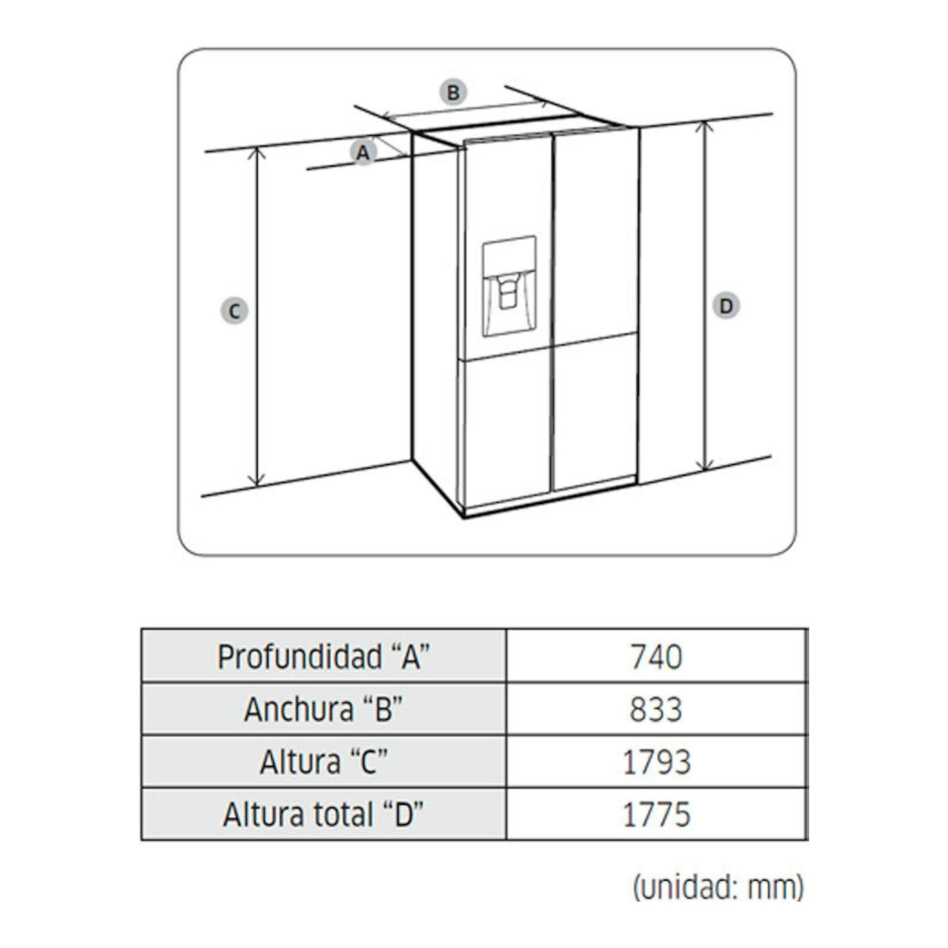 Samsung RF48A400EB4/EF: esquema de medidas de frigorífico americano grafito con vistas frontal y lateral.