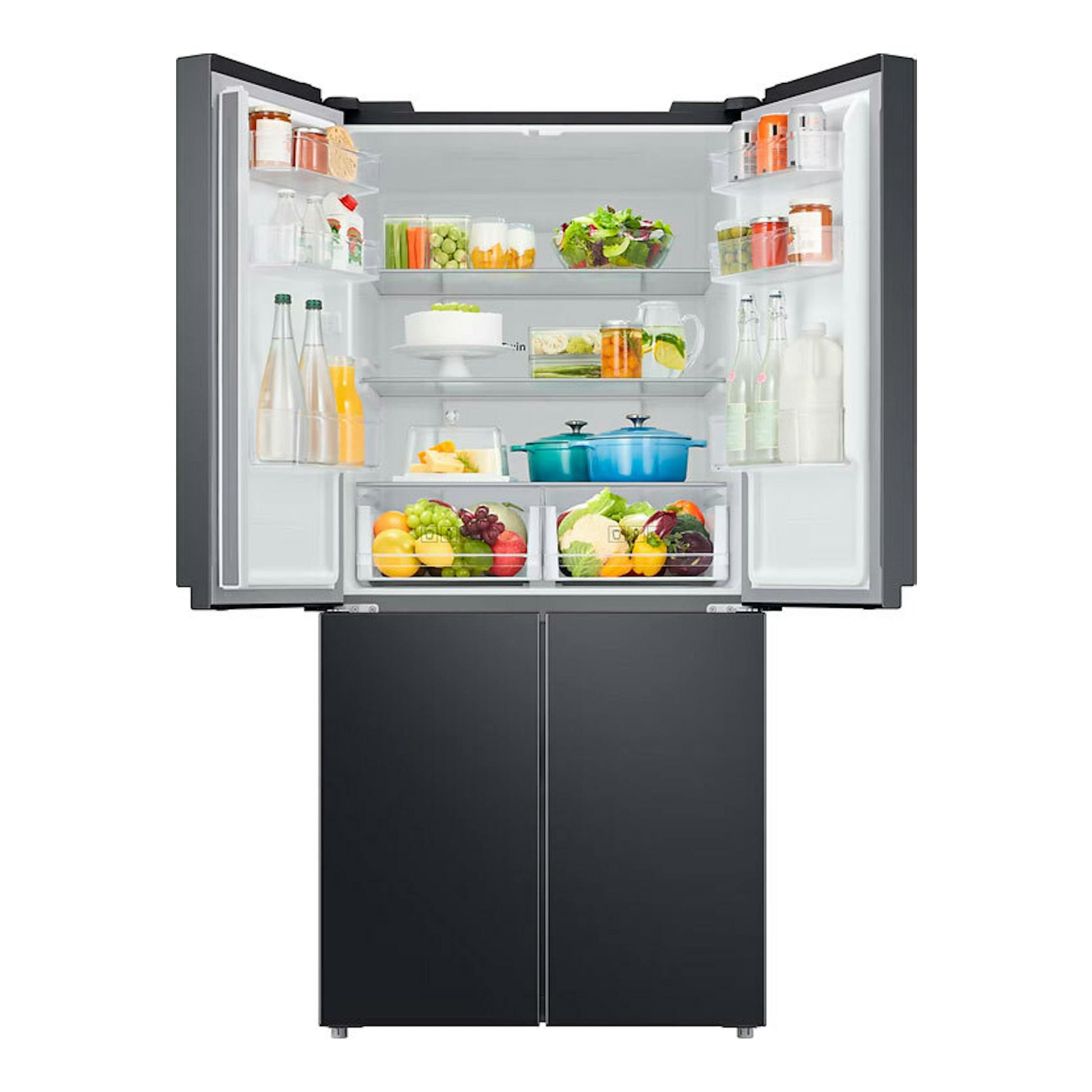 Frigorífico americano Samsung RF48A400EB4/EF grafito, vista frontal con puertas superiores abiertas.