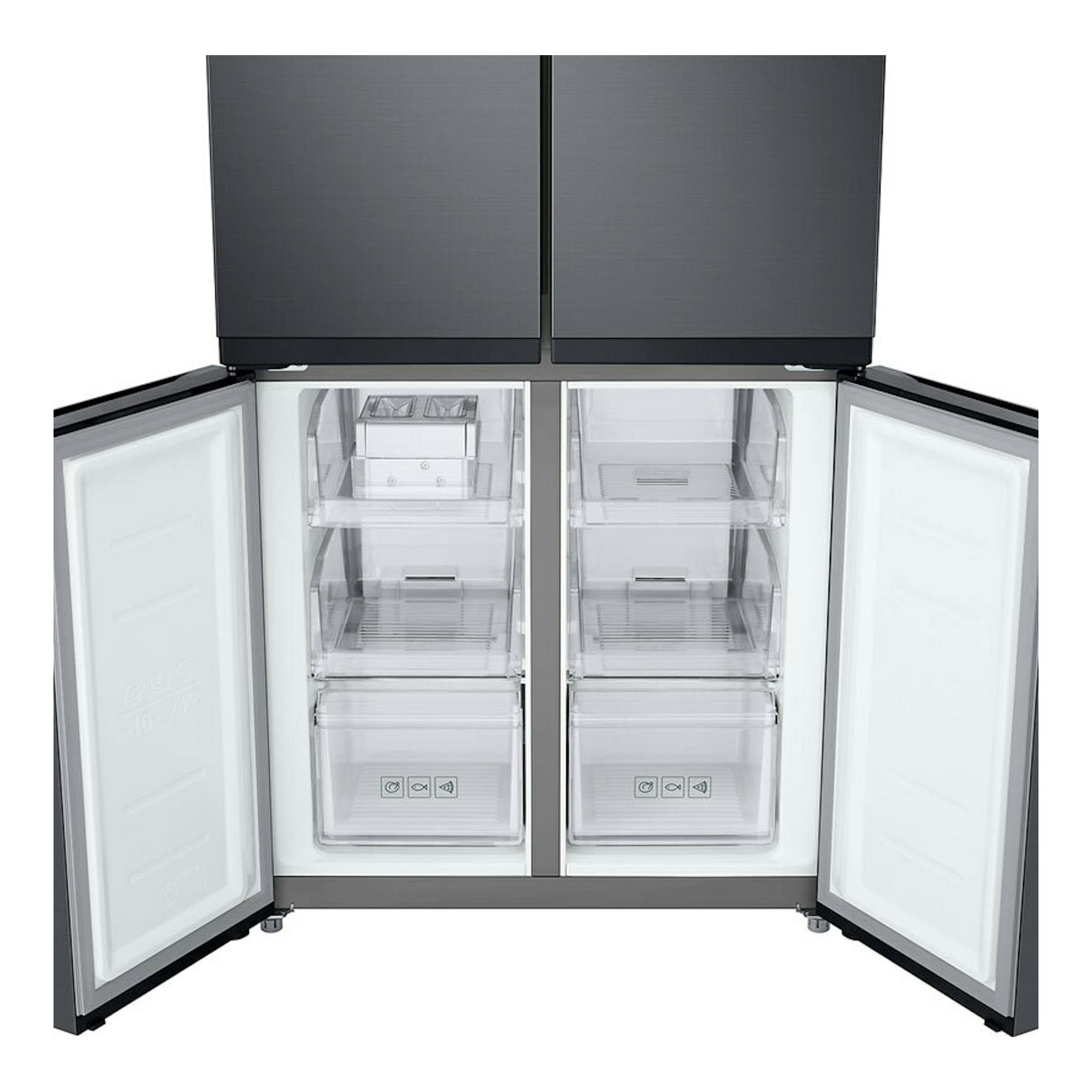 Frigorífico americano Samsung RF48A400EB4/EF grafito, vista frontal abierta con cuatro puertas y cajones.