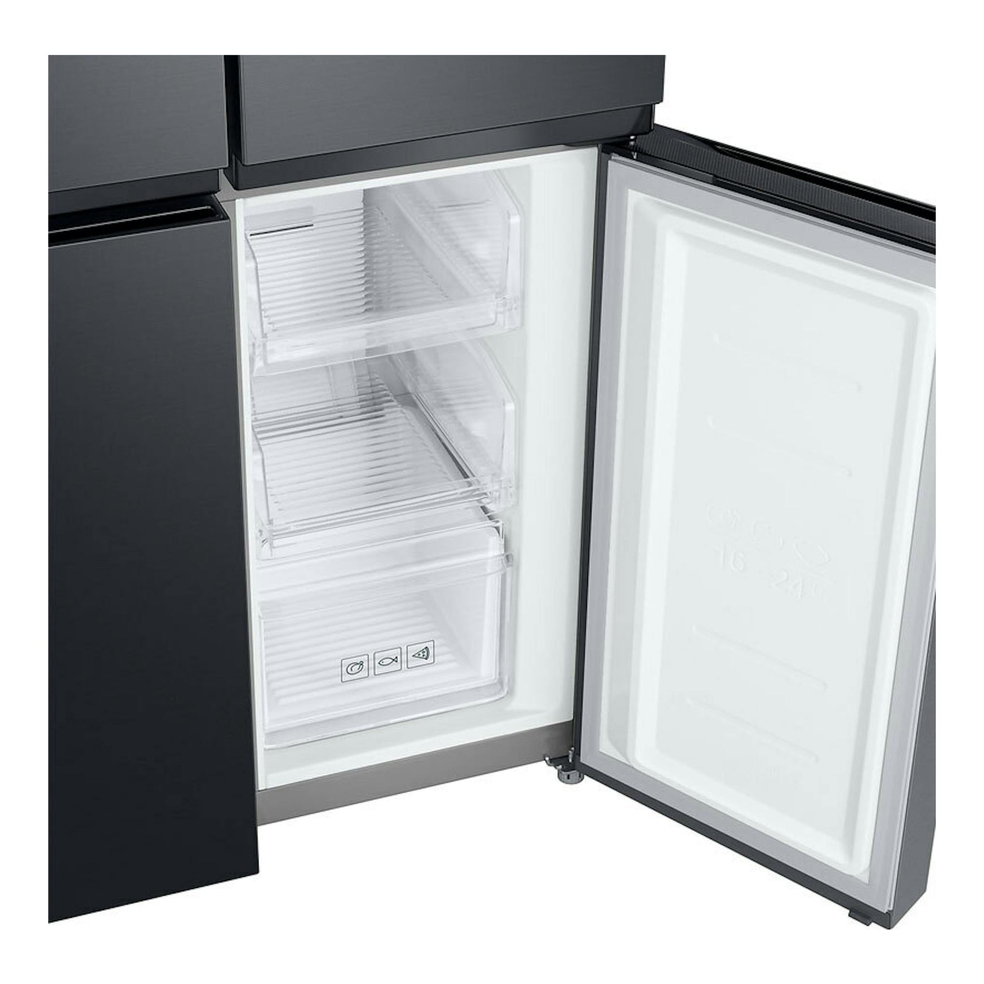 Vista frontal de frigorífico americano Samsung RF48A400EB4/EF grafito, con puerta abierta y cajones blancos.
