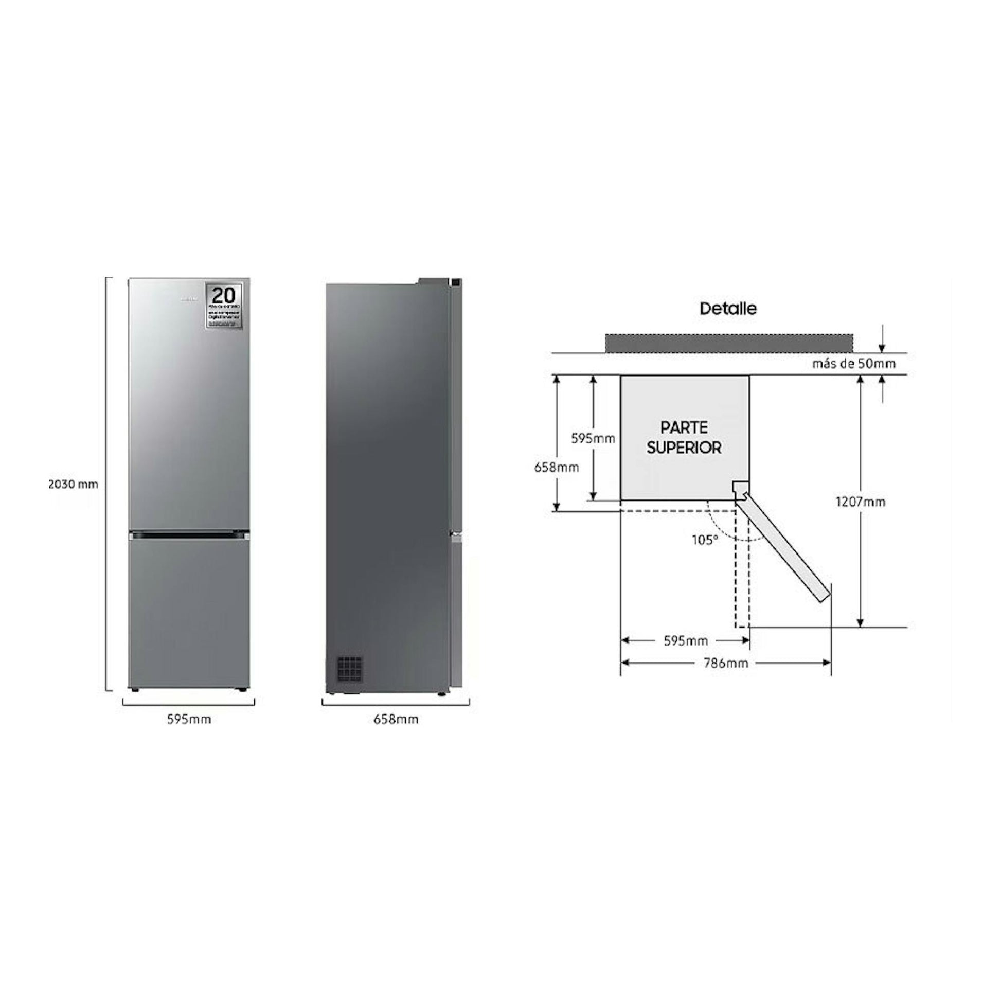 Samsung RB38T607BS9/EF inox, frigorífico combi en vista frontal y lateral con medidas y esquema de apertura.