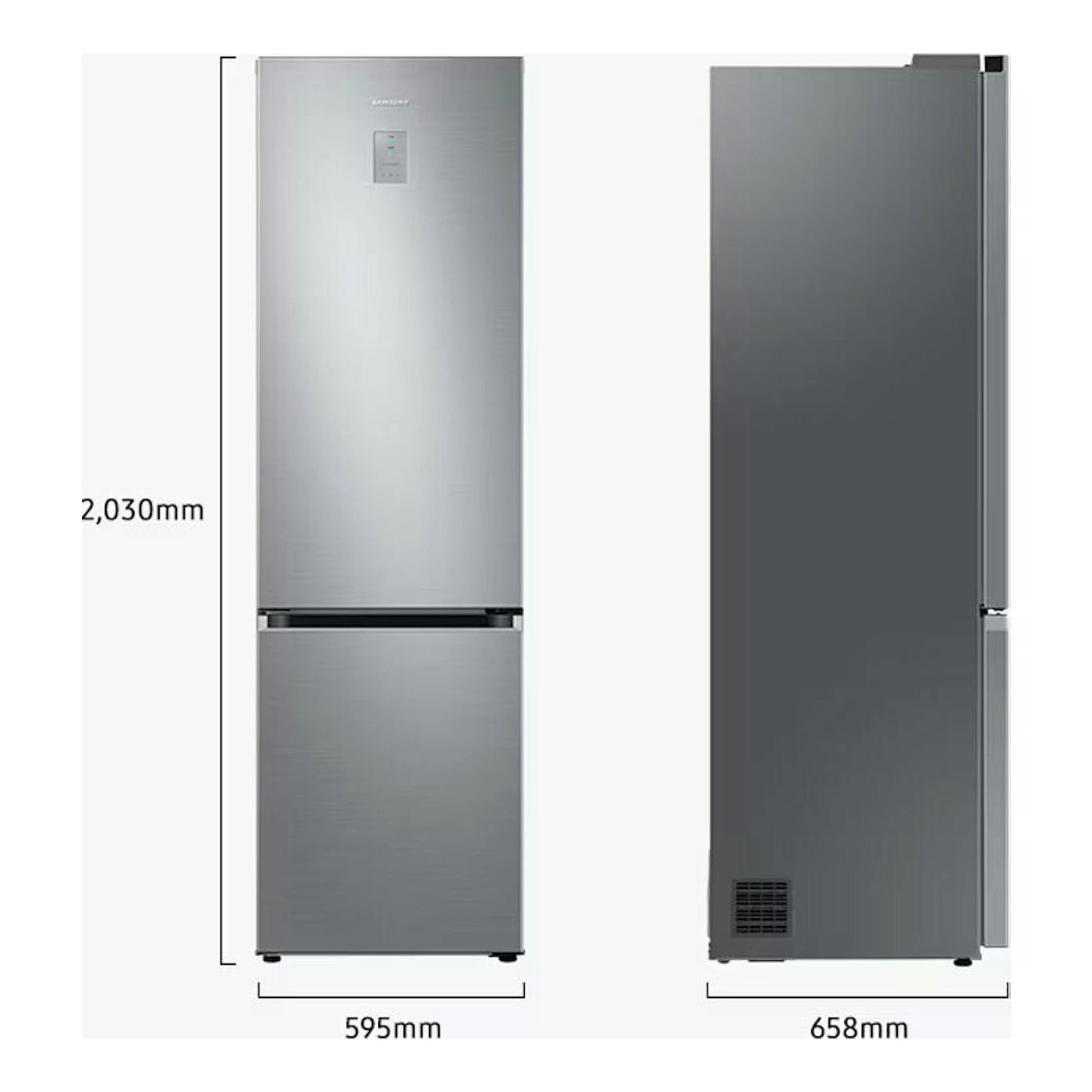 Frigorífico combi Samsung RB38C600ESA/EF inox, vista frontal y lateral, con medidas 2030 x 595 x 658 mm.