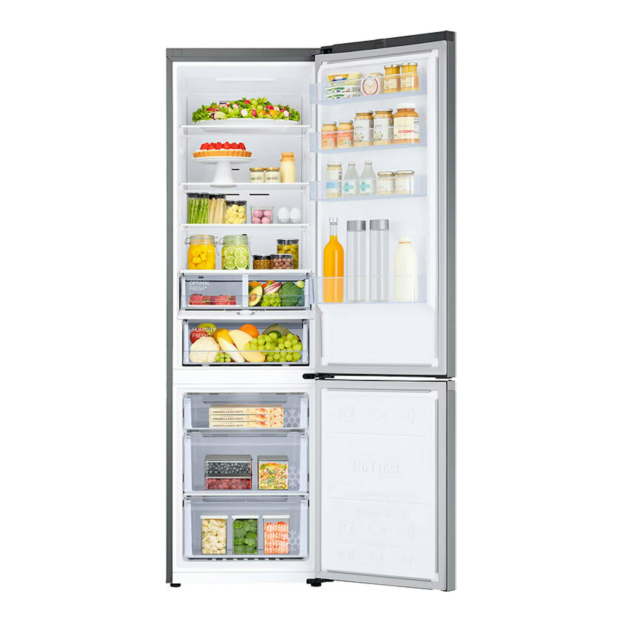 Frigorífico combi Samsung RB38C603CS9/EF inox, vista frontal con puertas abiertas e interior visible.