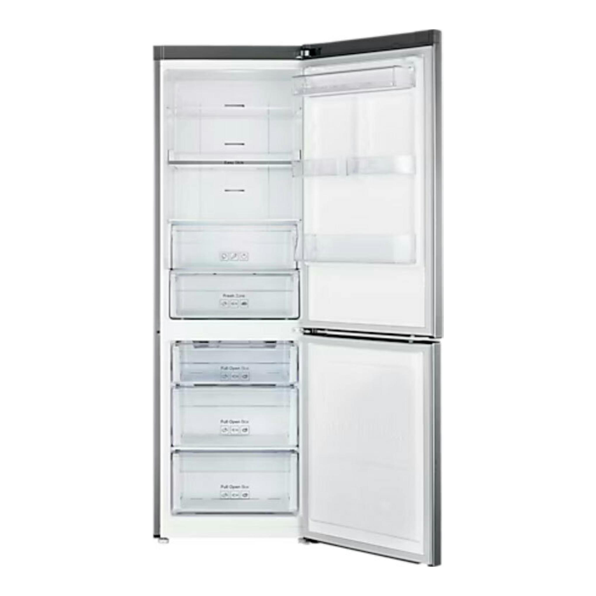 Frigorífico combi Samsung RB33J3205SA/EF inox, vista frontal con puertas abiertas e interior visible.