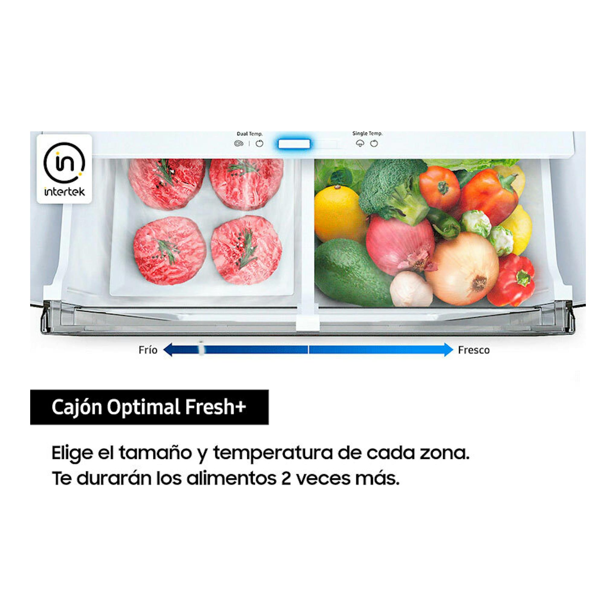 Samsung RB38C603CS9/EF Inox: cajón Optimal Fresh+ abierto con carne y verduras y control de frío/fresco.