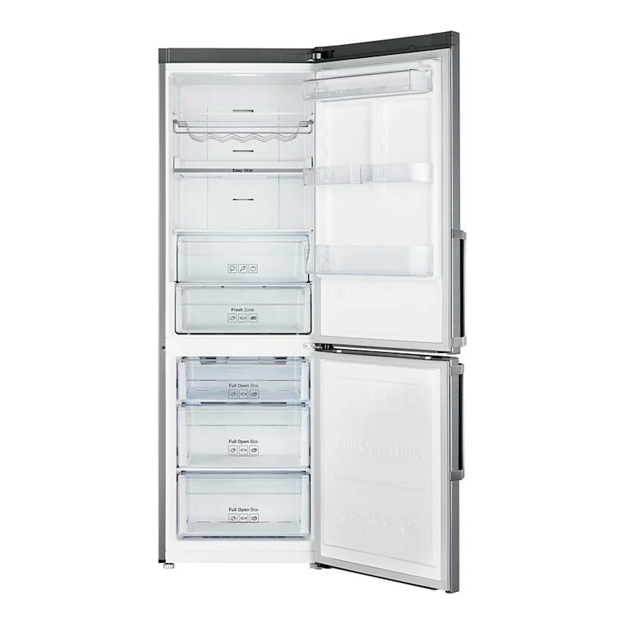 Frigorífico combi Samsung RB33J3515S9/EF inox, vista frontal con puertas abiertas y compartimentos visibles.