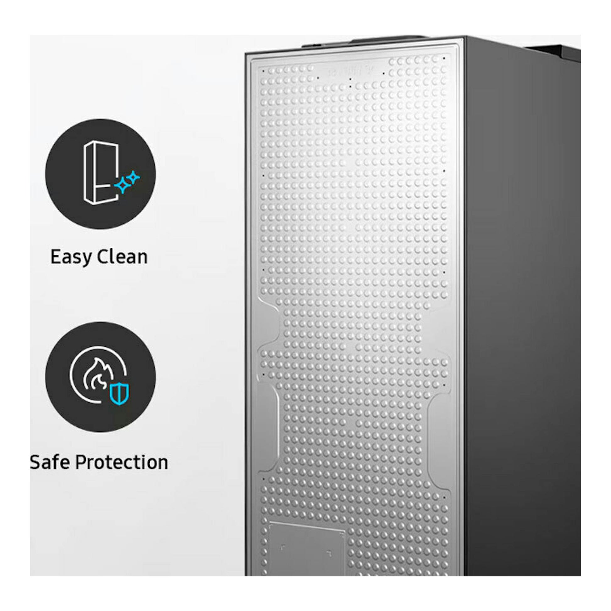Panel trasero de frigorífico Samsung RB38C600ESA/EF inox, con superficie metálica texturizada.