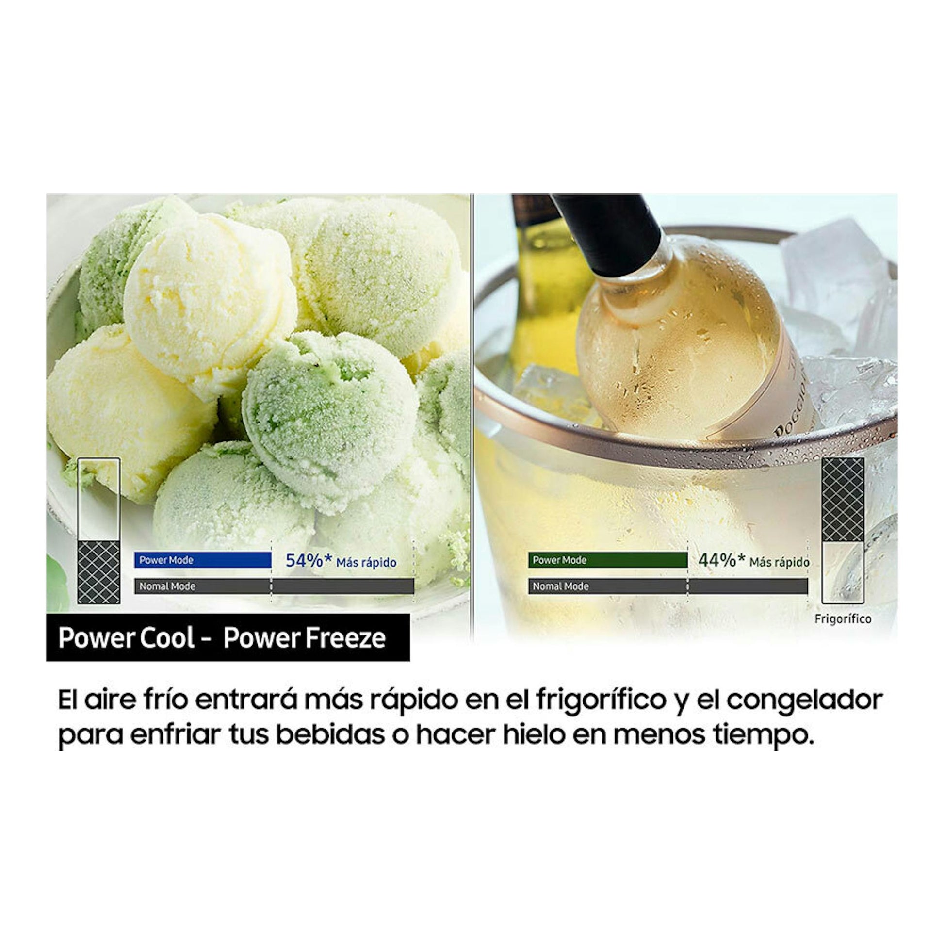 Gráfico promocional del Samsung RB38T607BS9/EF con helado y botella en hielo, y textos Power Cool y Power Freeze.