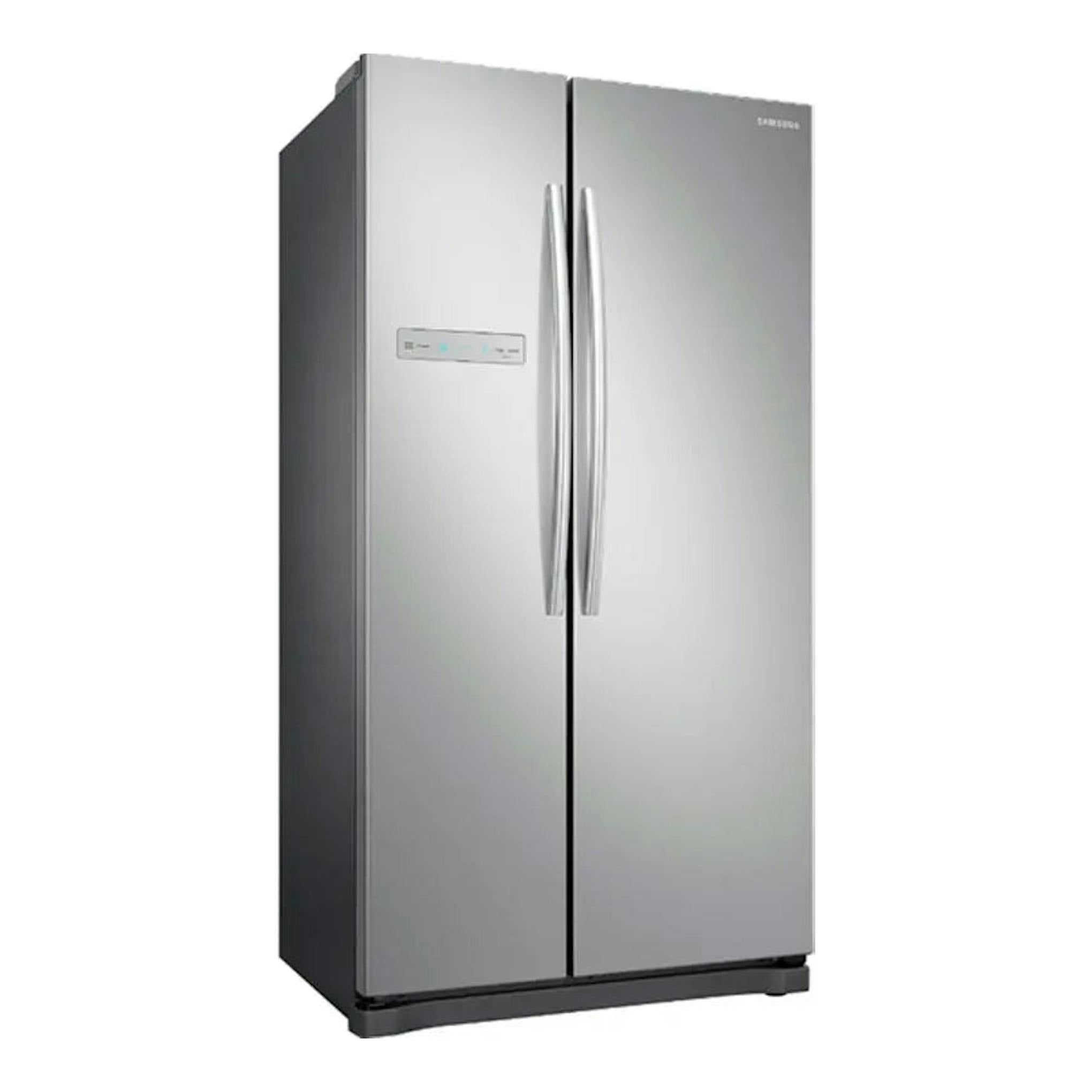 Frigorífico americano Samsung RS54N3013SA/ES inox, vista frontal en ángulo, dos puertas y tiradores largos.