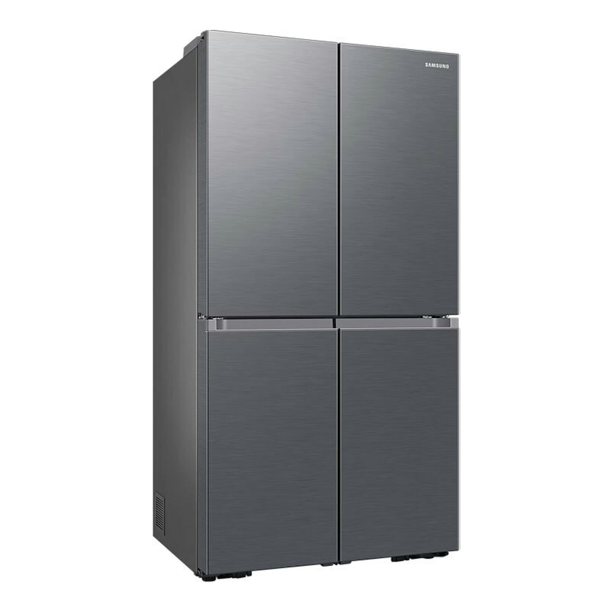 Frigorífico americano Samsung RF59C70TES9/ES inox, vista frontal, cuatro puertas gris oscuro.