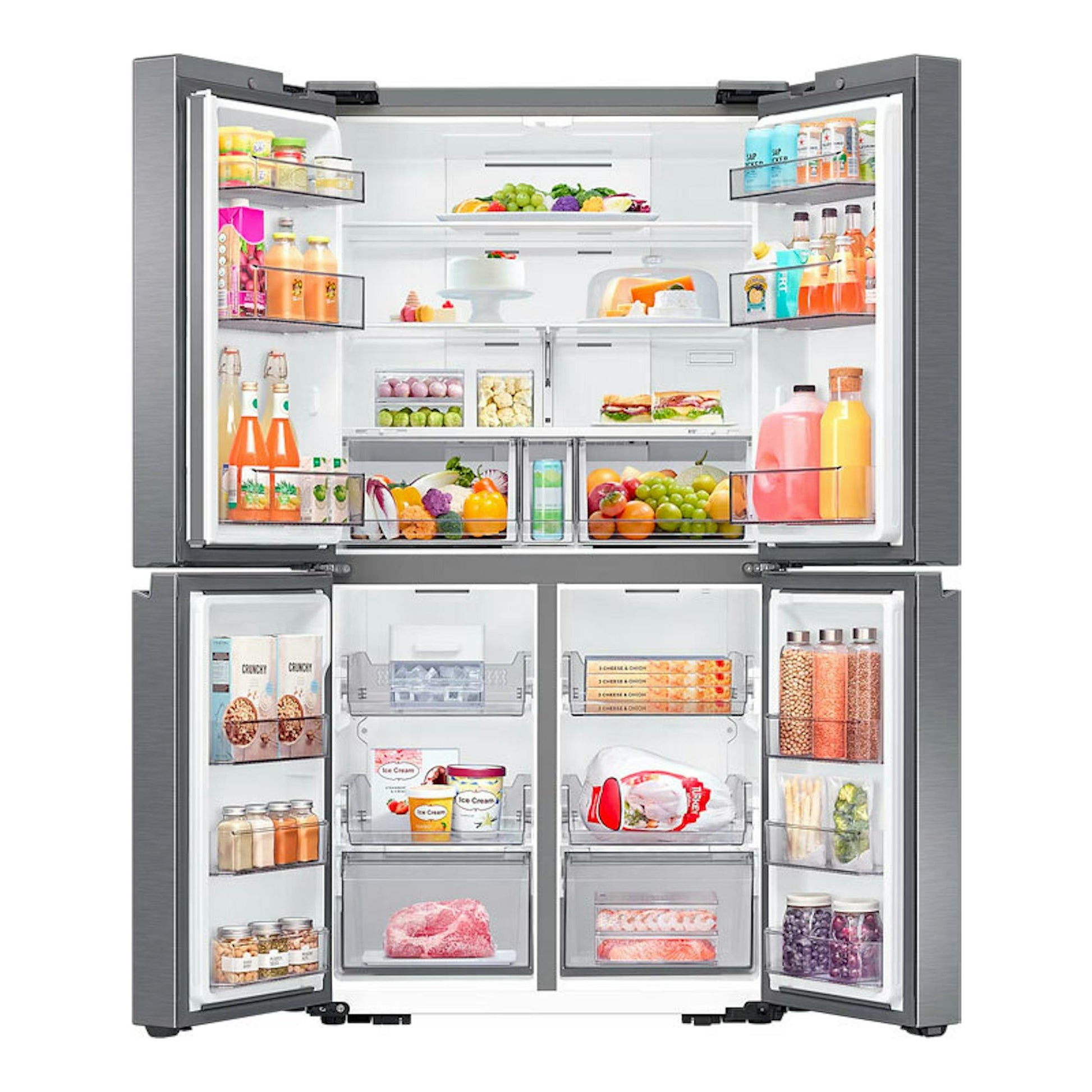 Frigorífico americano Samsung RF59C70TES9/ES inox, abierto, con alimentos en compartimentos.