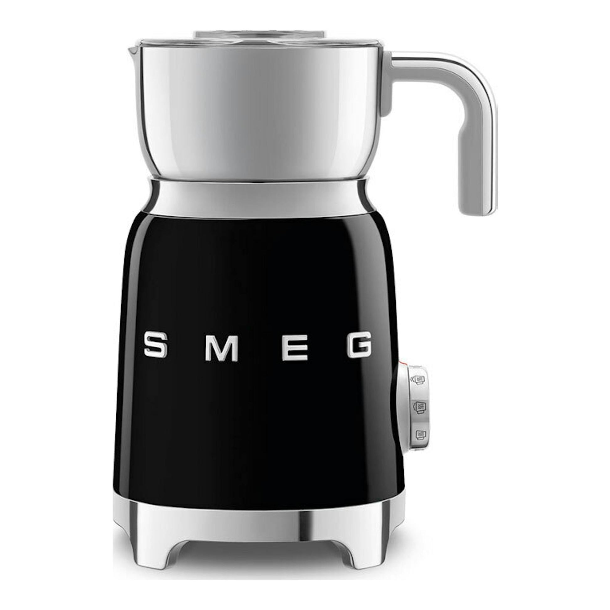 Espumador de leche Smeg MFF11BLEU negro, vista frontal, con jarra plateada y base negra.