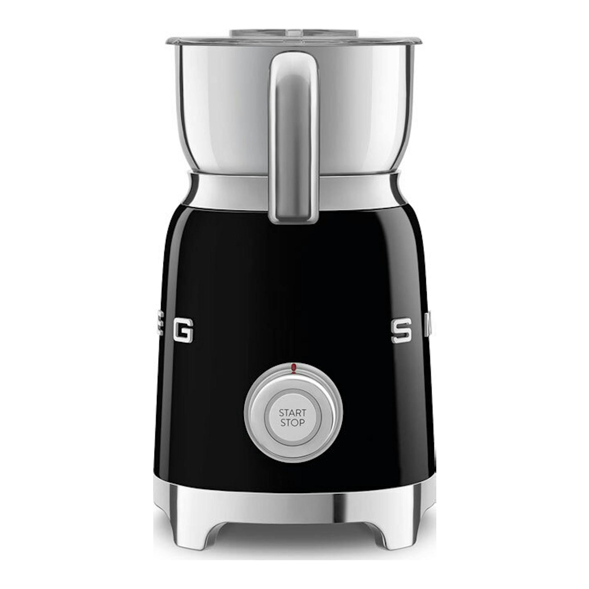 Espumador de leche Smeg MFF11BLEU negro, vista frontal, con jarra metálica y botón circular.