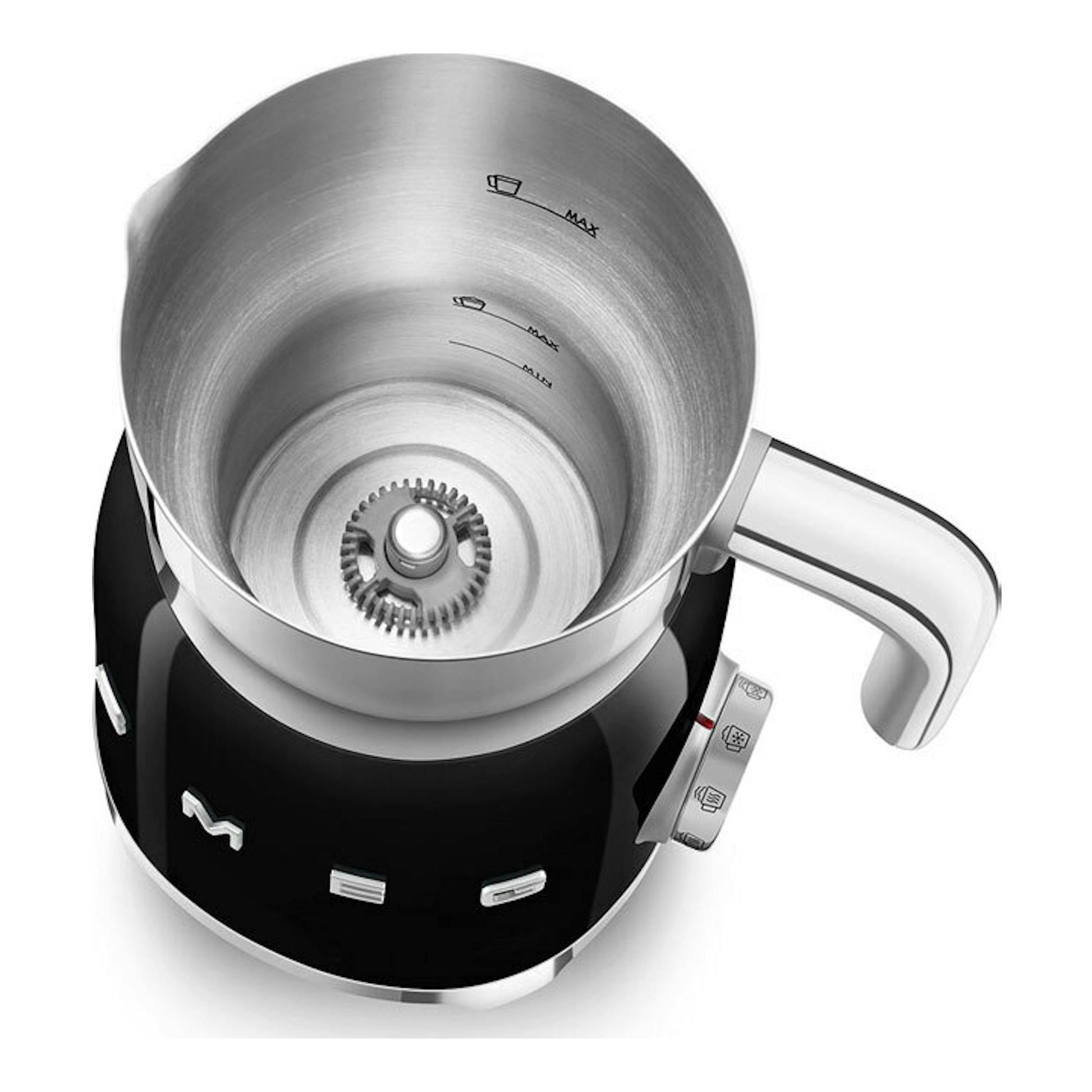 Espumador de leche Smeg MFF11BLEU negro, vista superior, jarra de acero inoxidable y asa a la derecha.