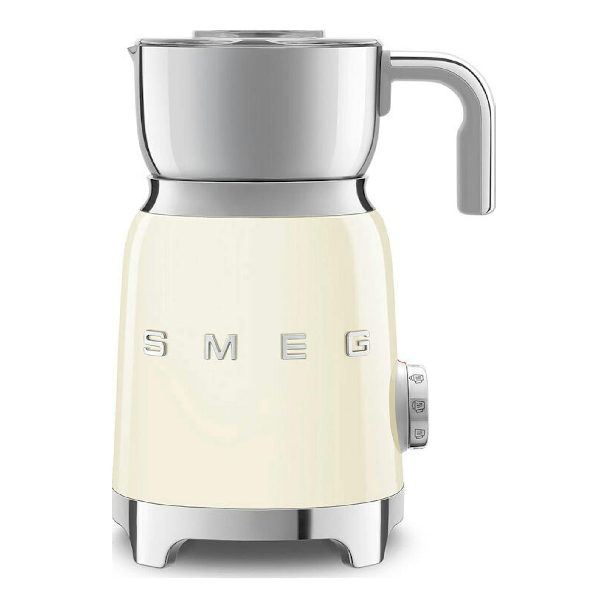 Espumador de leche Smeg MFF11CREU crema, vista frontal, con jarra de acero inoxidable y mando lateral.