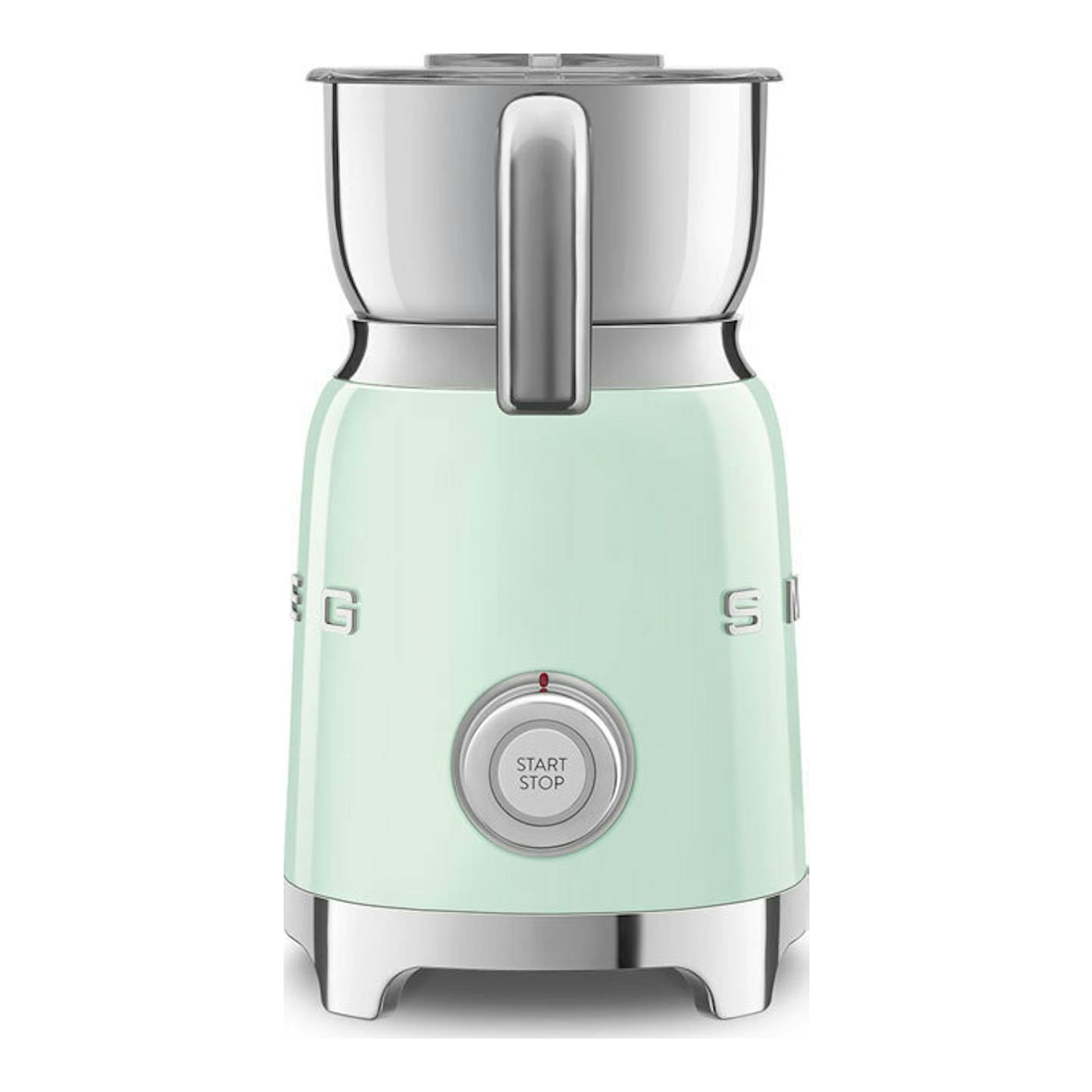 Espumador de leche Smeg MFF11PGEU verde menta, vista frontal, con tapa y base de acero inoxidable.