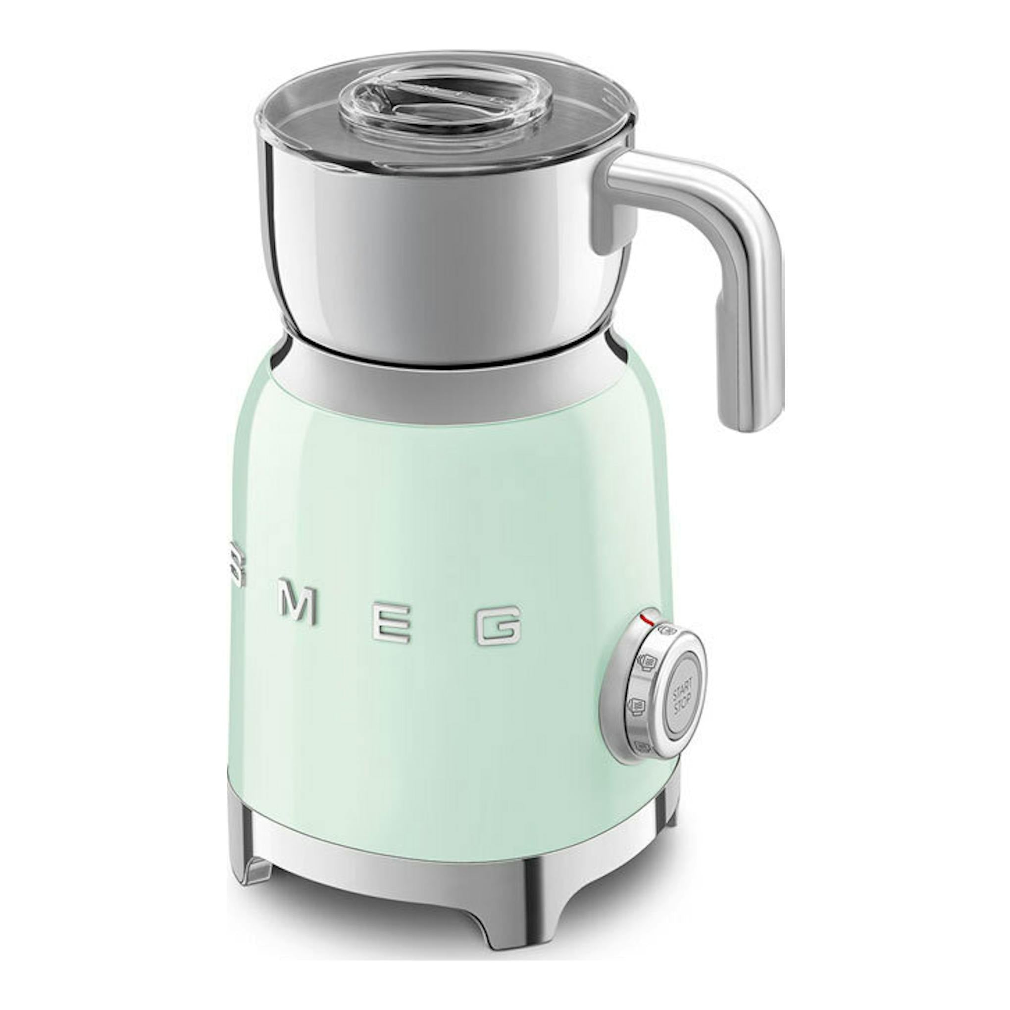 Espumador de leche Smeg MFF11PGEU verde menta, vista frontal en ángulo, con jarra y asa metálicas.