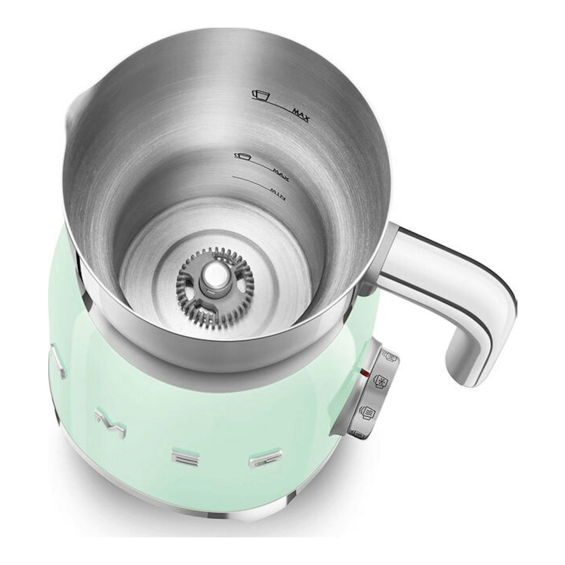 Espumador de leche Smeg MFF11PGEU verde menta, vista superior en ángulo, jarra de acero inoxidable.