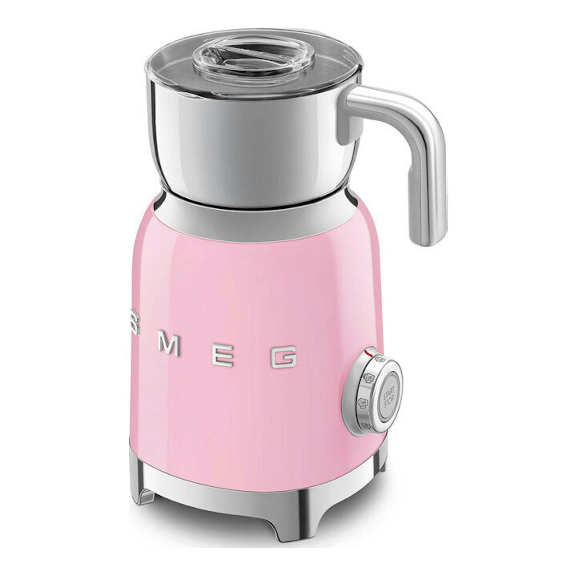 Espumador de leche Smeg MFF11PKEU rosa, vista frontal, con jarra de acero y asa lateral.