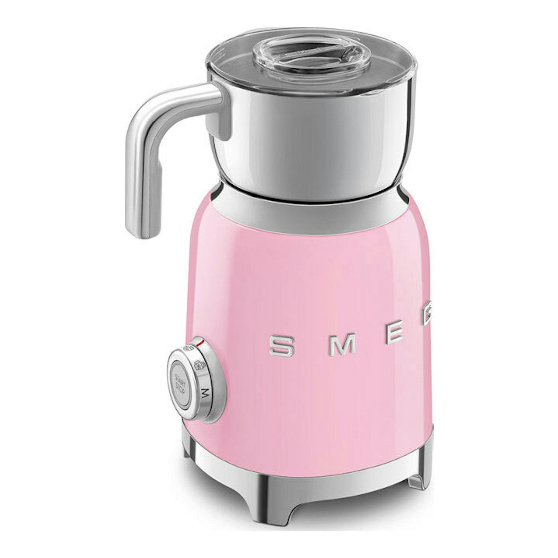Espumador de leche Smeg MFF11PKEU rosa, vista frontal en tres cuartos, con jarra y tapa metálicas.