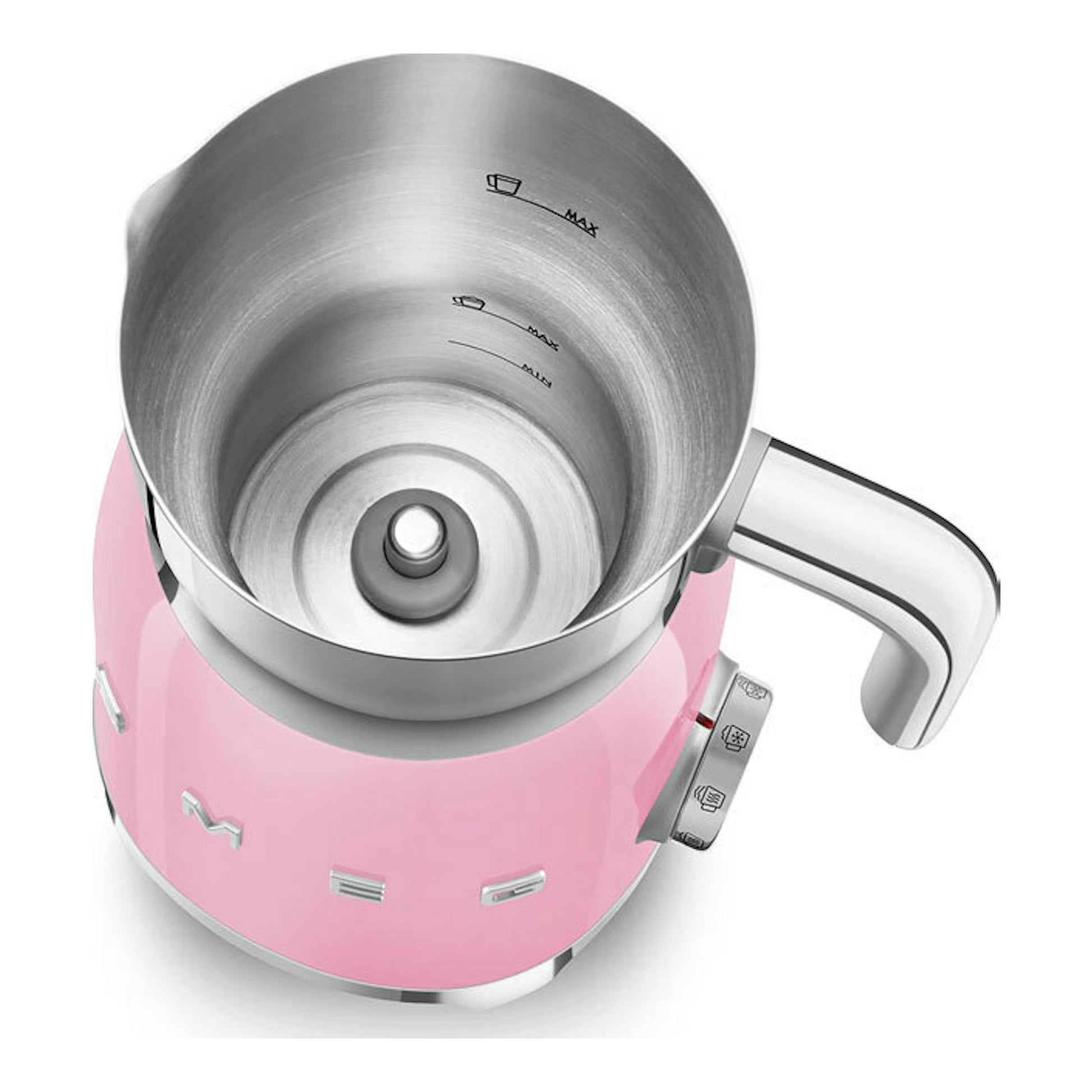 Espumador de leche Smeg MFF11PKEU rosa, vista superior inclinada, con jarra de acero y asa blanca.