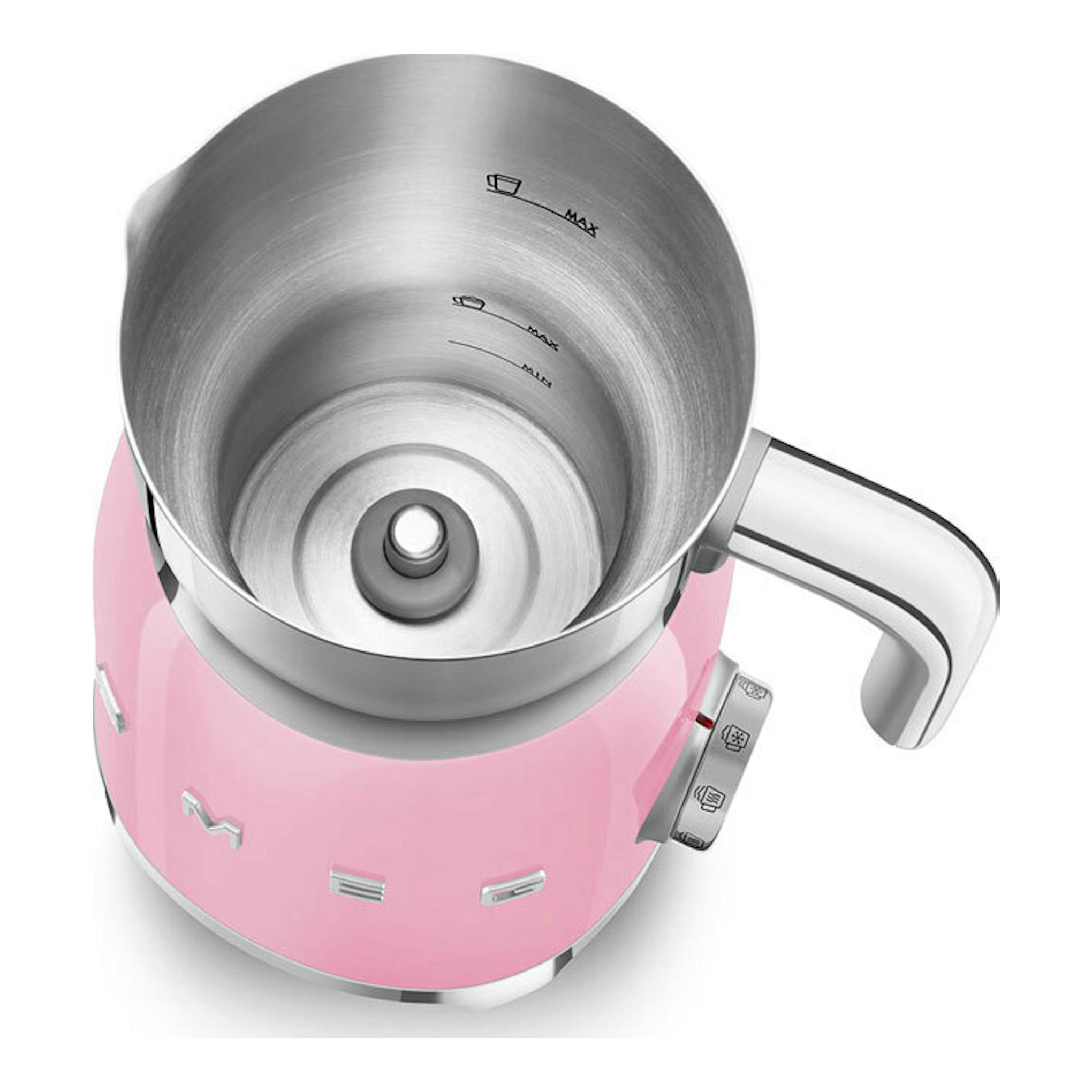 Espumador de leche Smeg MFF11PKEU rosa, vista superior inclinada, con jarra de acero y asa blanca.
