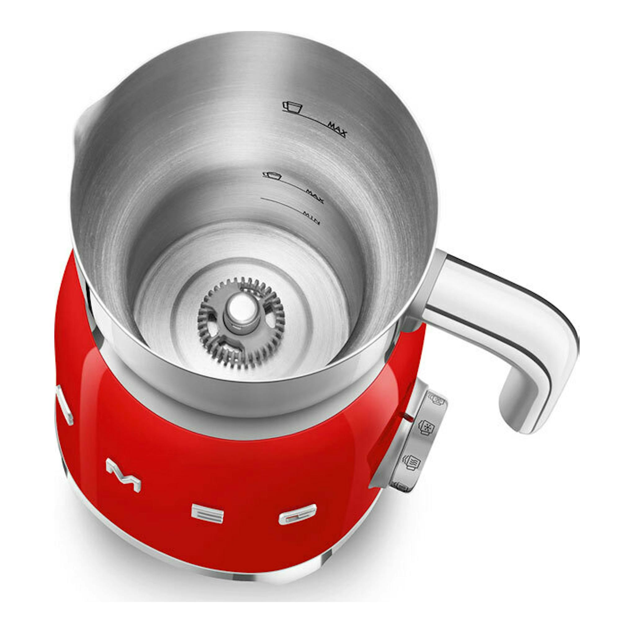 Espumador de leche Smeg MFF11RDEU rojo, vista superior, con jarra de acero inoxidable y asa lateral.