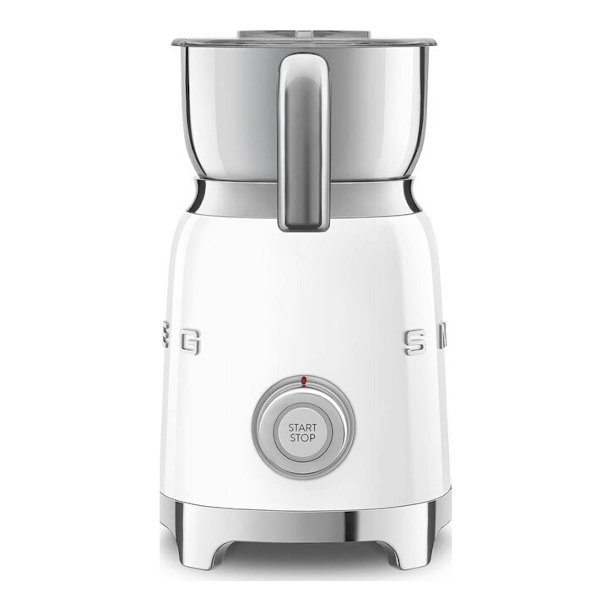 Espumador de leche Smeg MFF11WHEU blanco, vista frontal, con jarra metálica y botón circular Start/Stop.