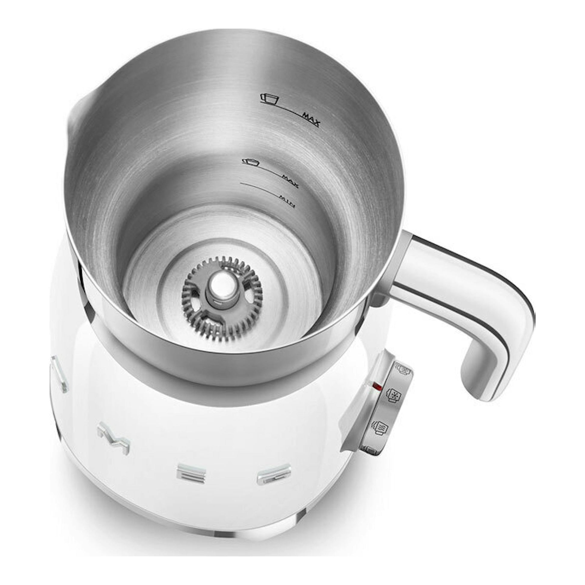 Espumador de leche Smeg MFF11WHEU blanco, vista superior inclinada, interior de acero inoxidable y asa a la derecha.