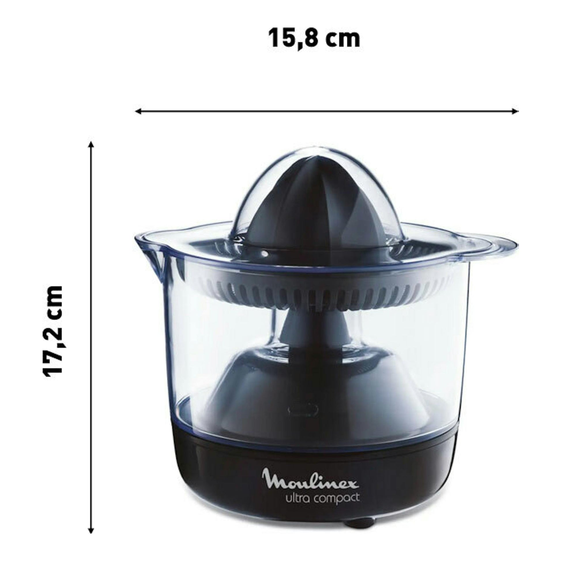 Exprimidor Moulinex Ultra Compact PC120870, vista frontal, negro y transparente, con medidas 17,2 x 15,8 cm.