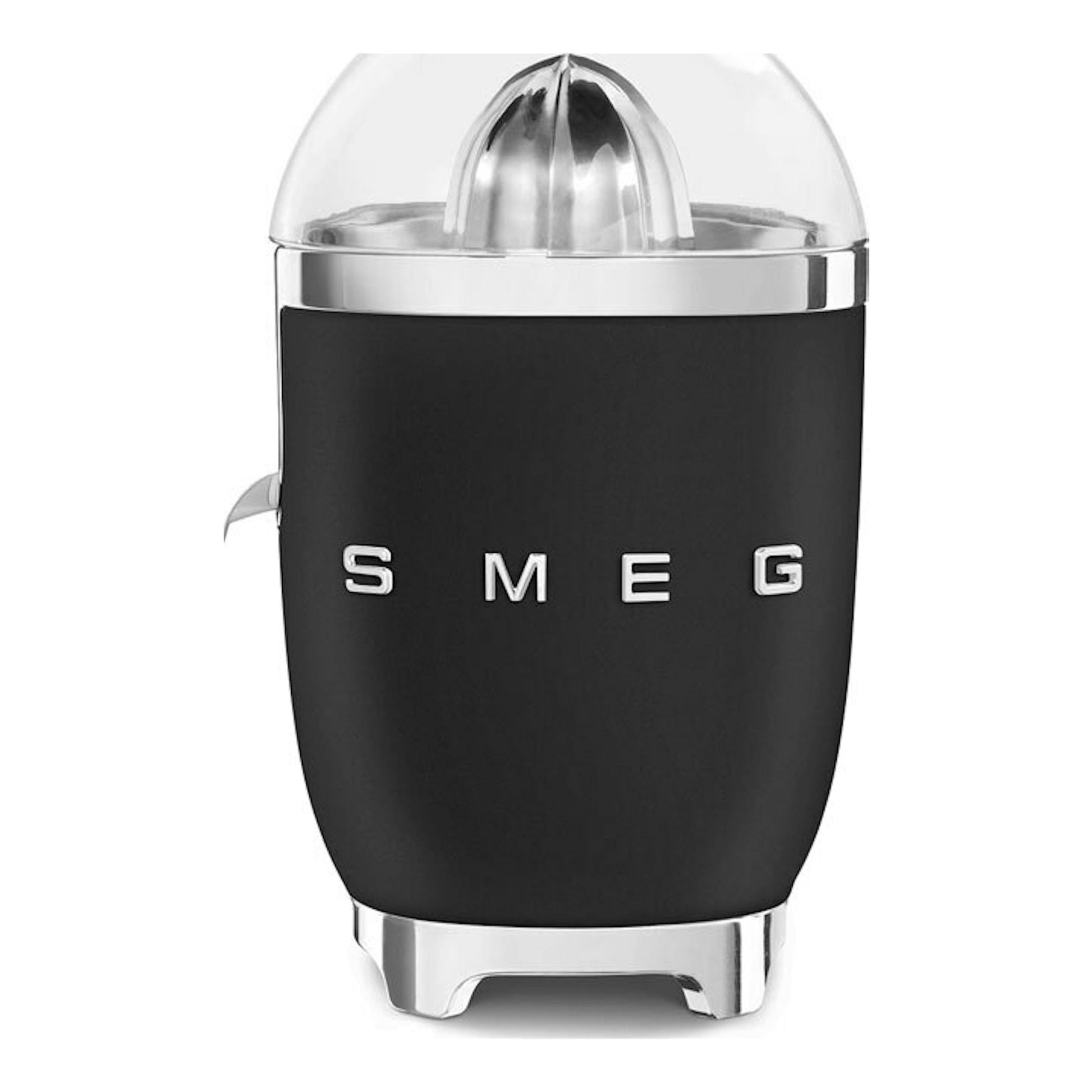 Exprimidor Smeg CJF01BLMEU negro mate, vista frontal, con tapa y base cromadas.