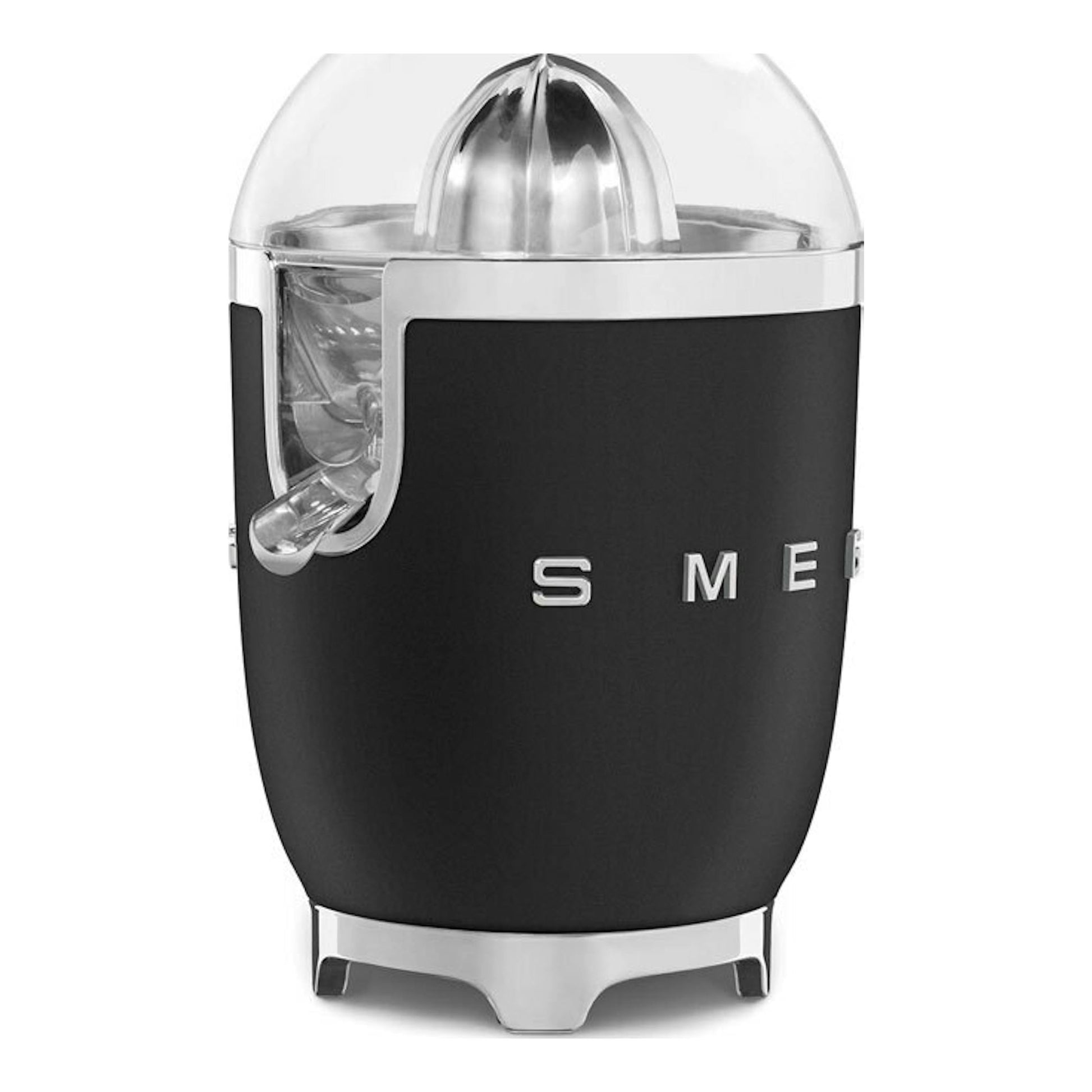 Exprimidor Smeg CJF01BLMEU negro mate, vista frontal, con tapa transparente y detalles cromados.