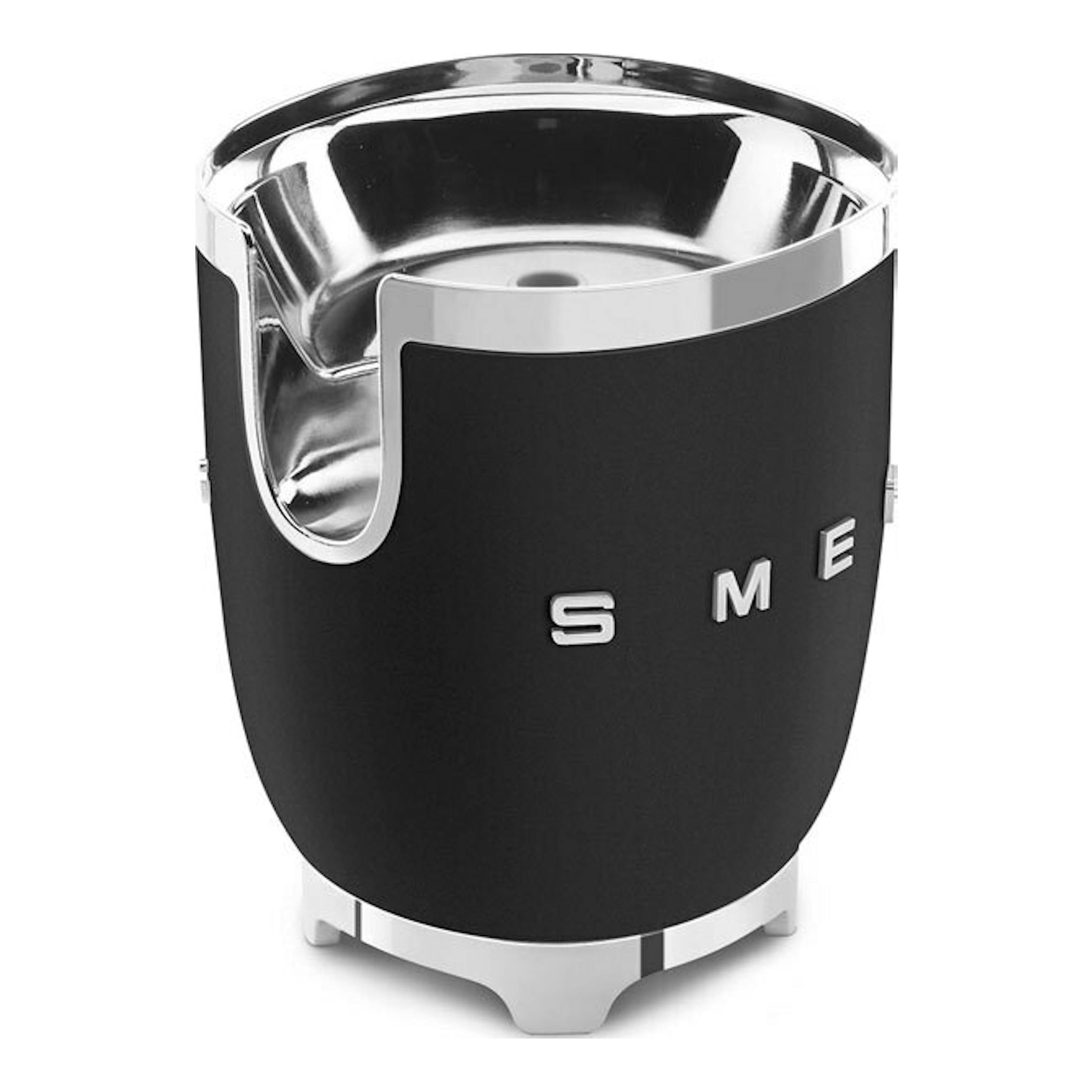 Exprimidor Smeg CJF01BLMEU negro mate, vista frontal, con detalles cromados.