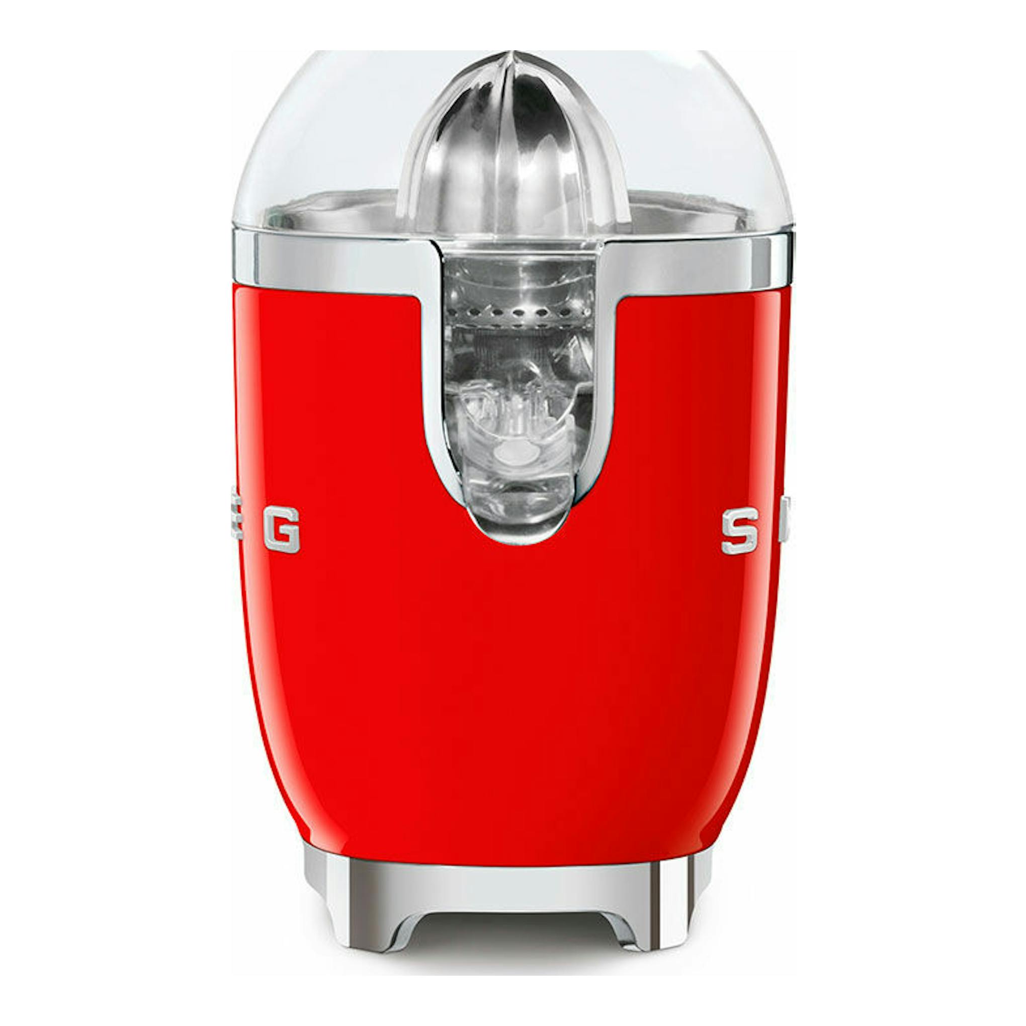 Exprimidor Smeg CJF01RDEU rojo, vista frontal, con cúpula transparente y detalles cromados.