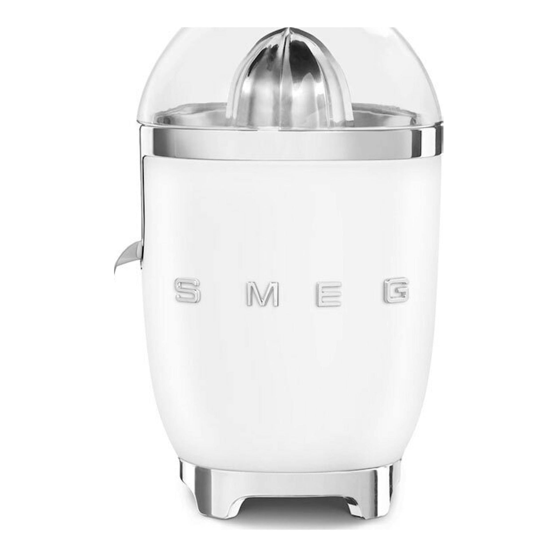 Exprimidor Smeg CJF01WHMEU blanco mate, vista frontal, con tapa transparente y detalles plateados.