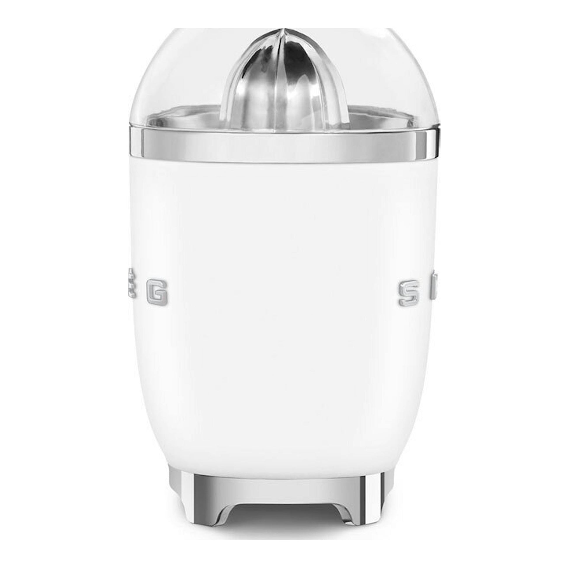 Exprimidor Smeg CJF01WHMEU blanco mate, vista frontal, con cúpula transparente y detalles cromados.